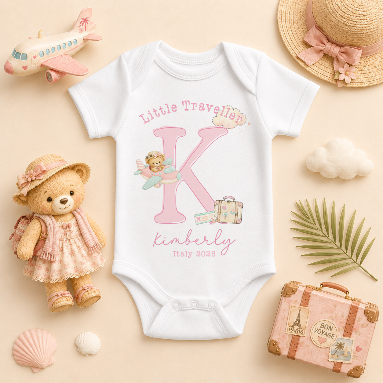 Personalised Summer Holiday Baby Vest Bodysuit for Girls, Little Traveller Pink Initial Bear