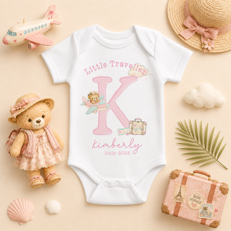 Personalised Summer Holiday Baby Vest Bodysuit for Girls, Little Traveller Pink Initial Bear