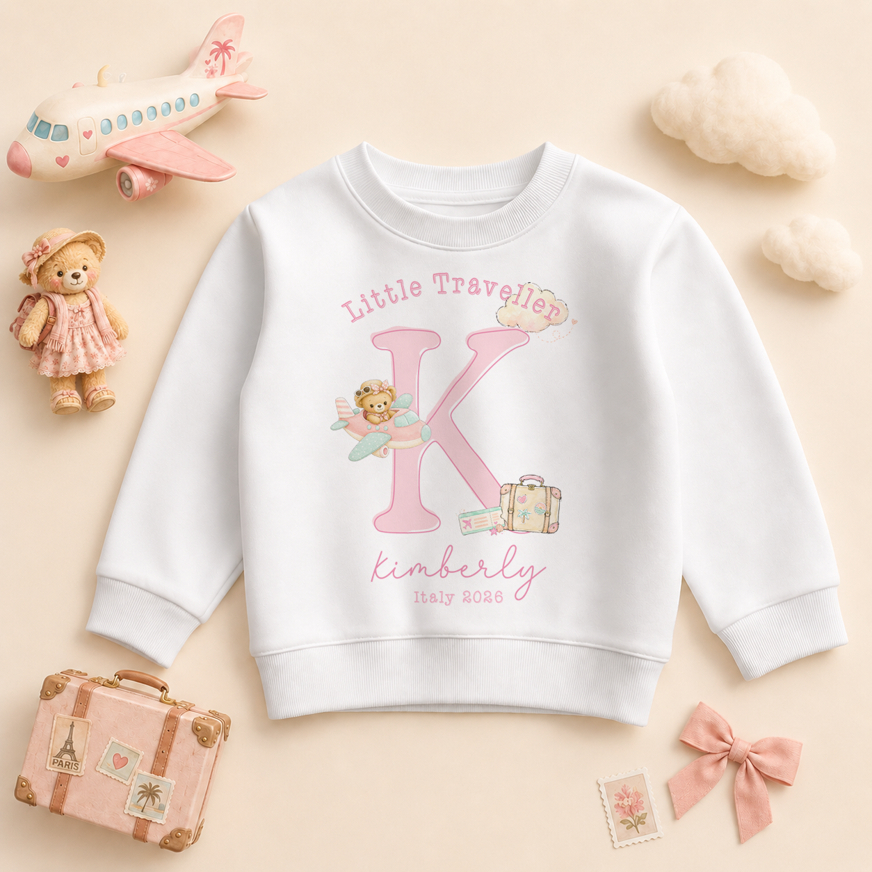Personalised Summer Holiday Kids Sweatshirt for Girls, Little Traveller Pink Initial Bear