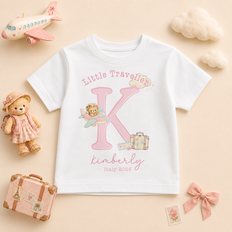 Personalised Summer Holiday Kids T-Shirt for Girls, Little Traveller Pink Initial Bear
