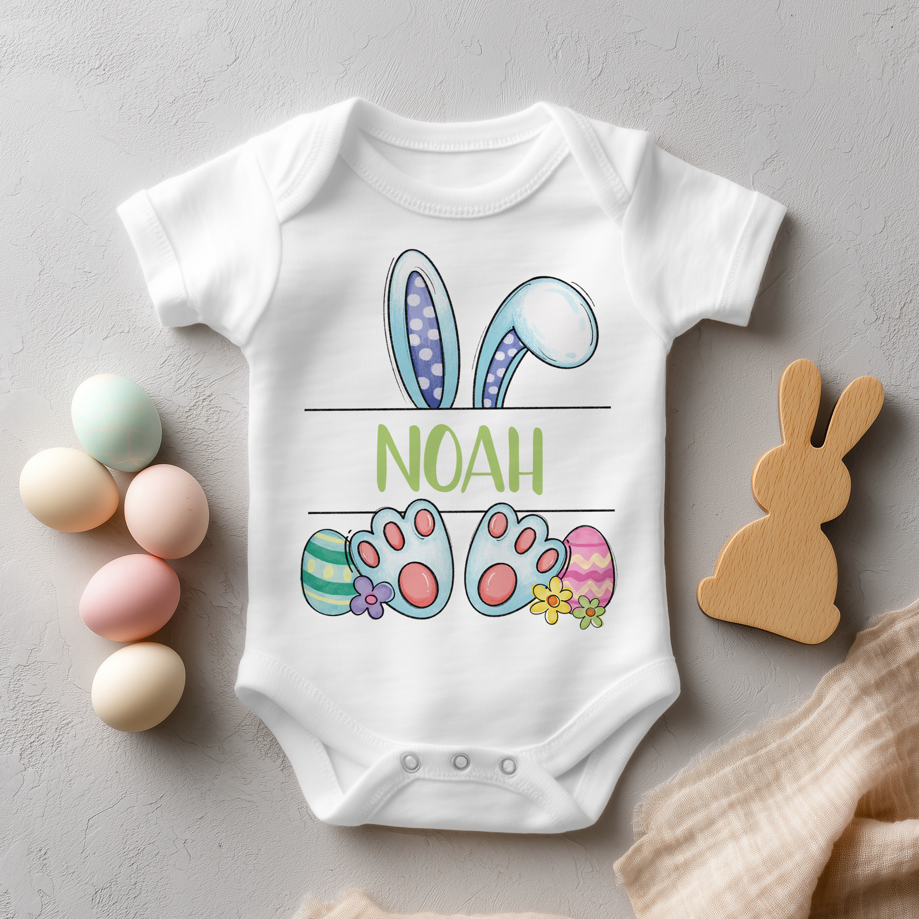 Personalised Easter Bunny Ears, Feet & Eggs Name Baby Bodysuit