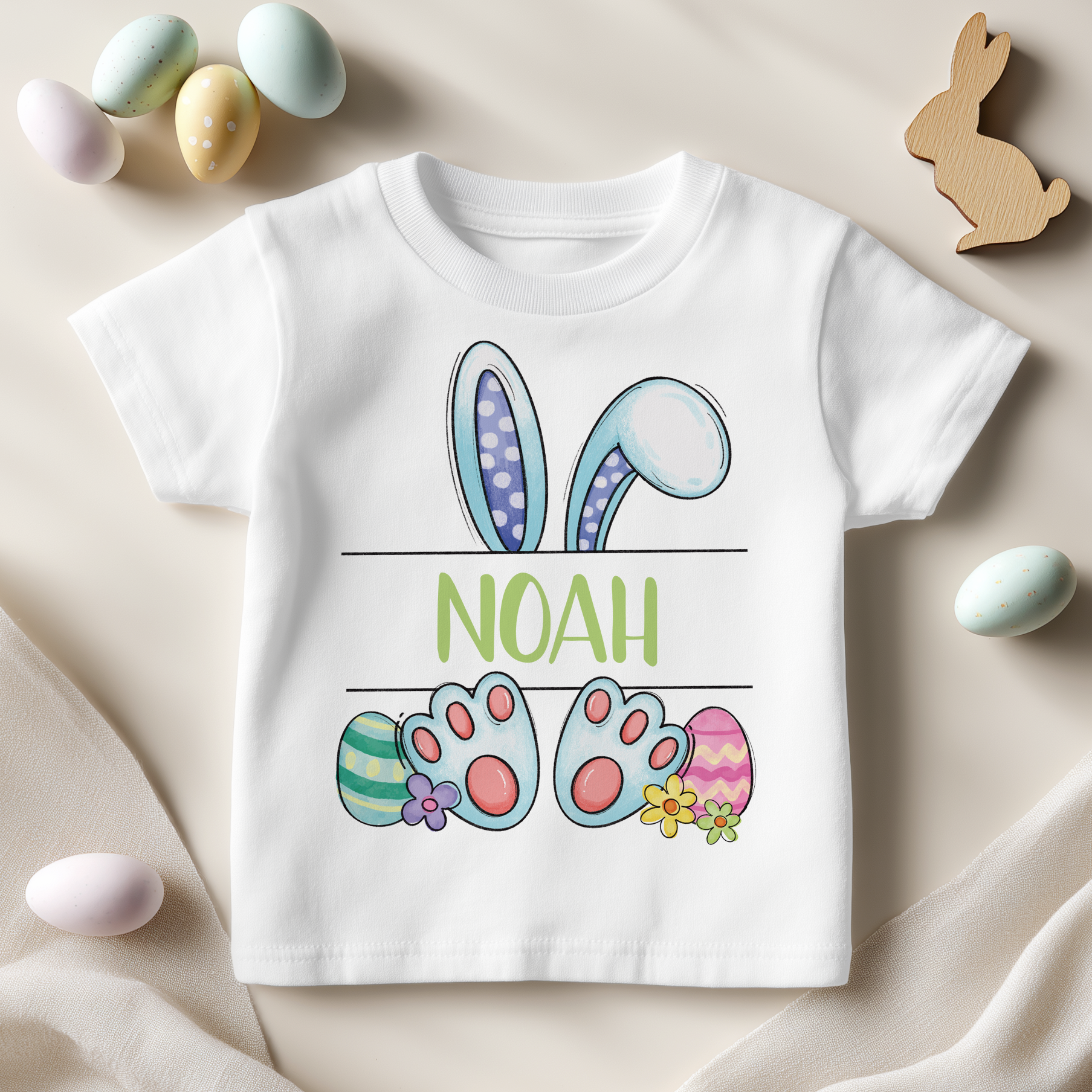 Personalised Easter Blue Bunny Ears, Paws & Eggs T-Shirt for Kids