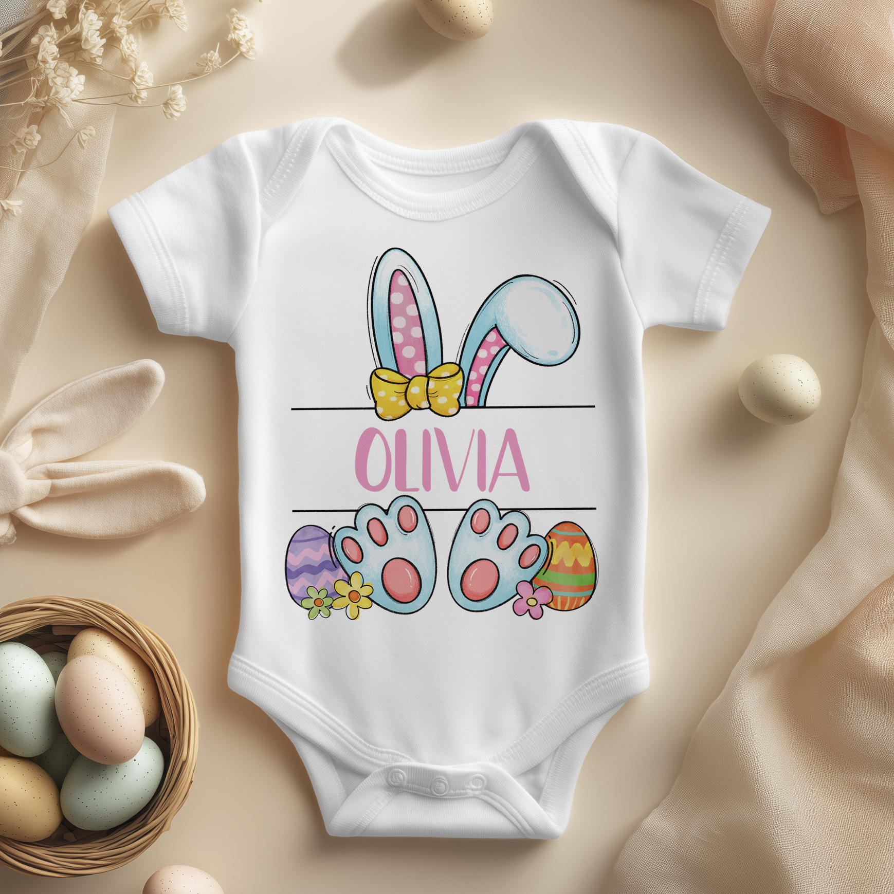 Personalised Easter Bunny Ears, Feet, Eggs Name Baby Bodysuit