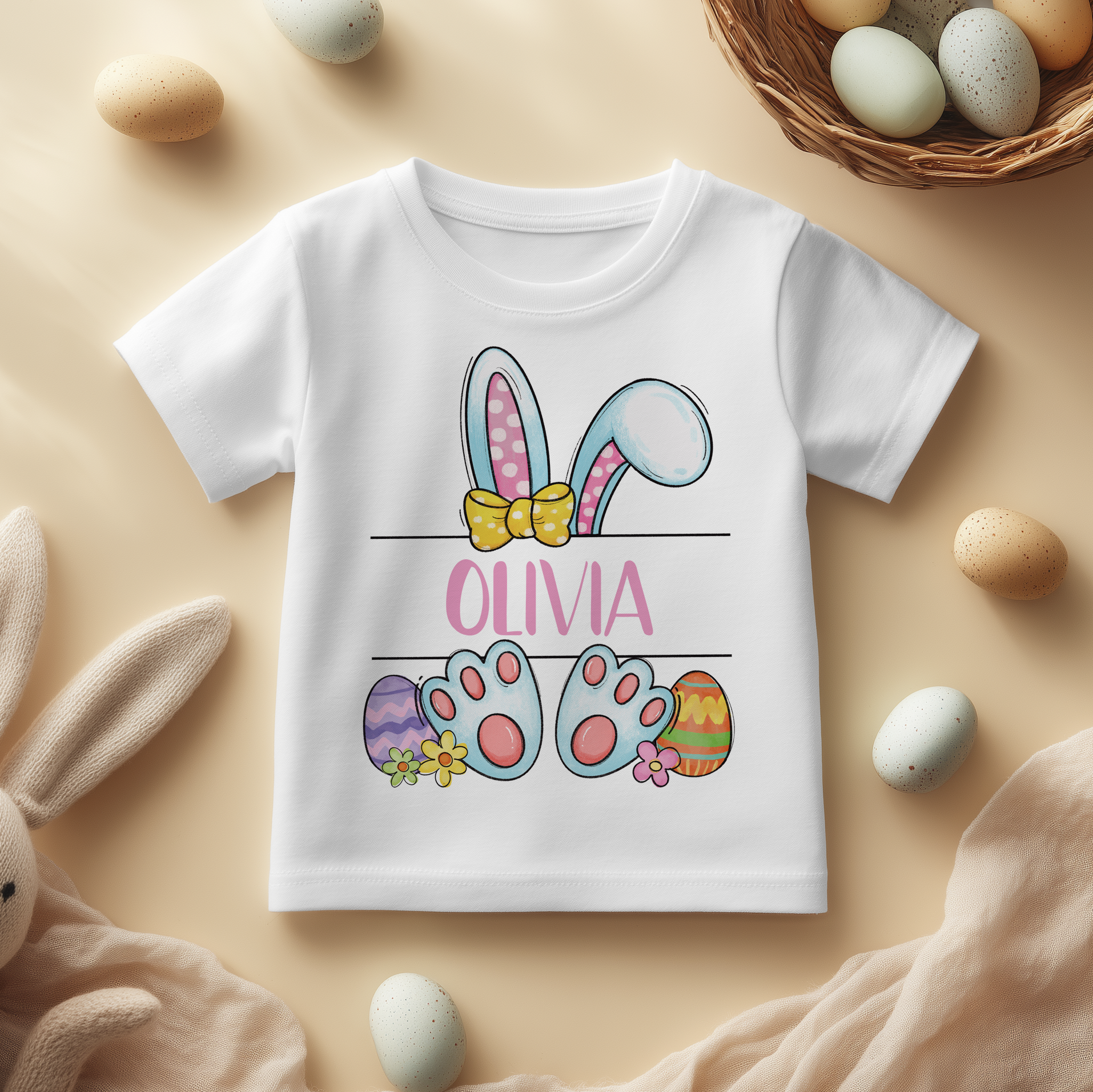 Personalised Easter Bunny Ears, Feet, Eggs & Name T-Shirt for Kids