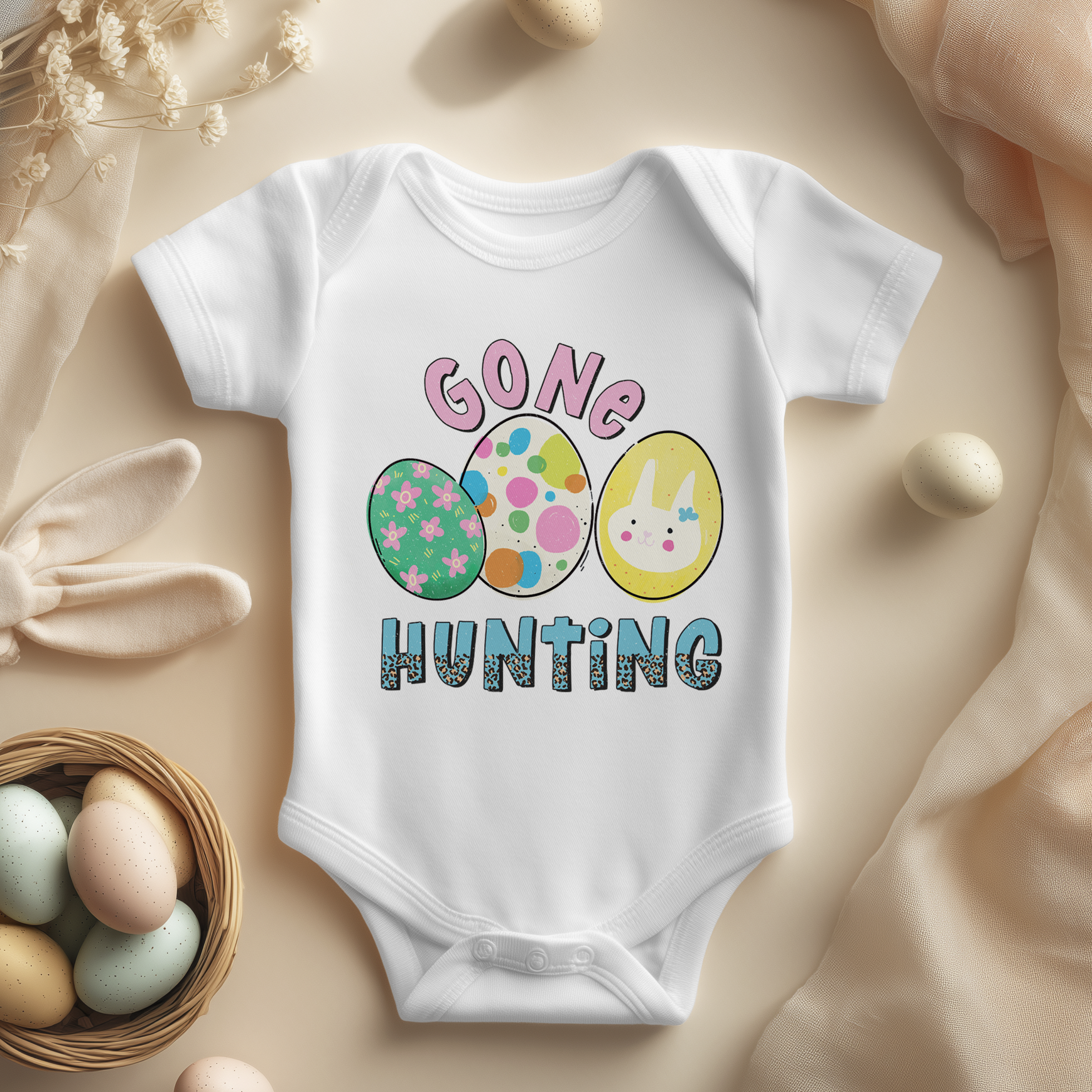 Gone Hunting Easter Baby Bodysuit Colourful Eggs Bunny Rabbit Floral for Newborn Easter Gift