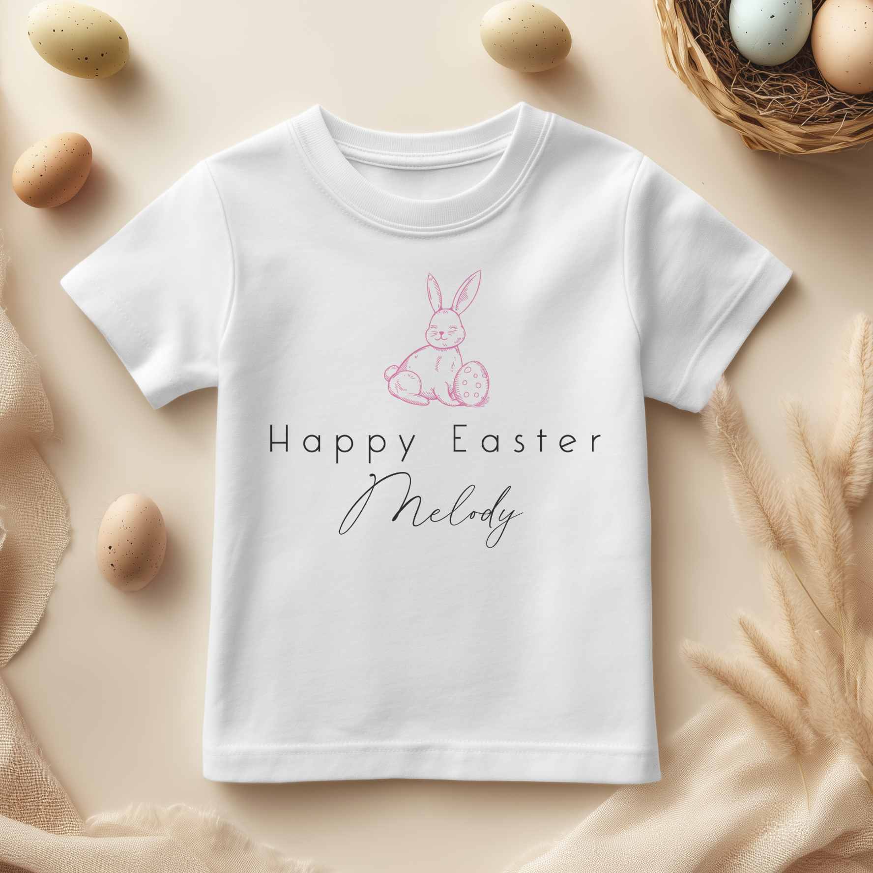 Personalised Easter Pink Outline Bunny & Egg T-Shirt for Girls