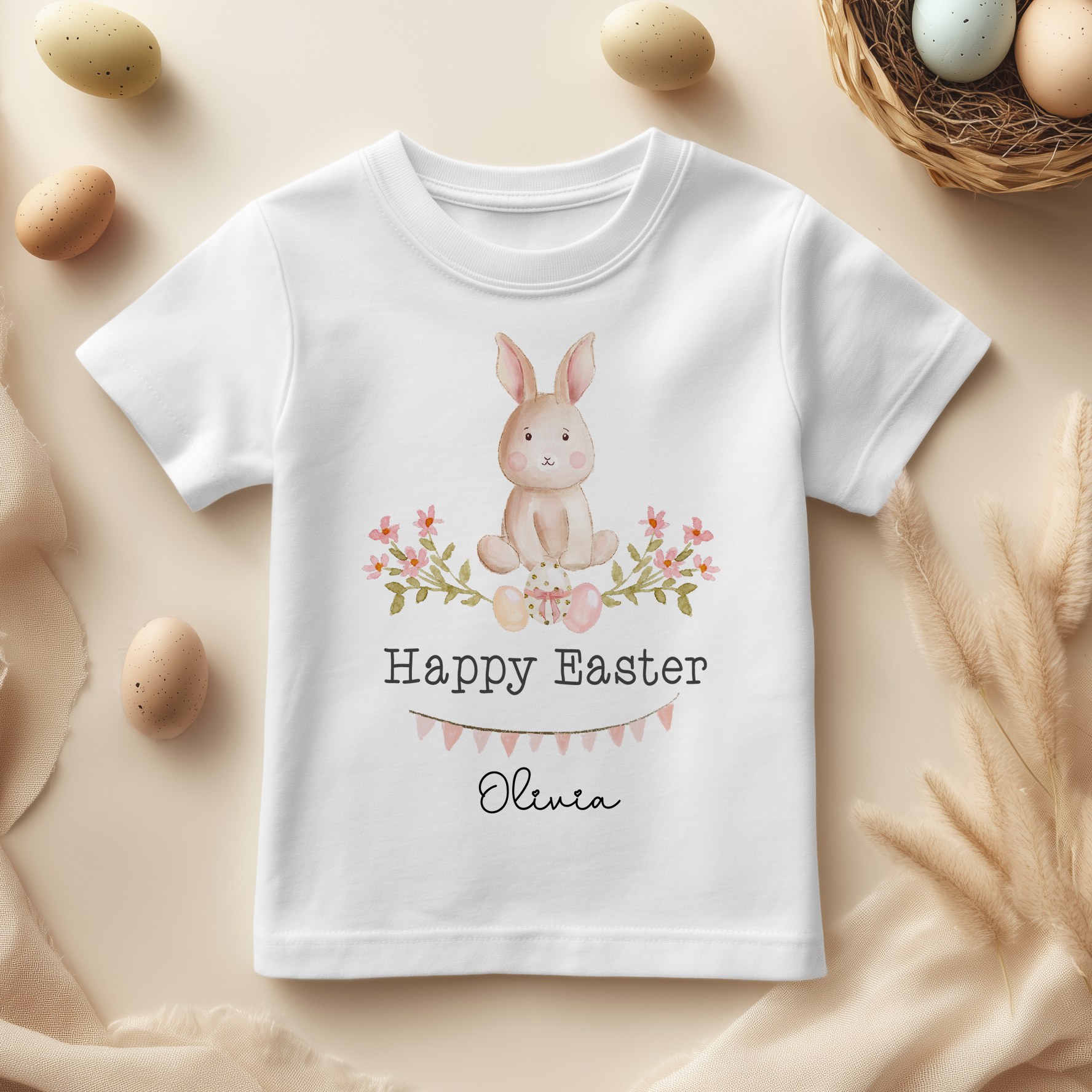 Personalised Happy Easter Cute Bunny Pink Bunting T-Shirt for Kids