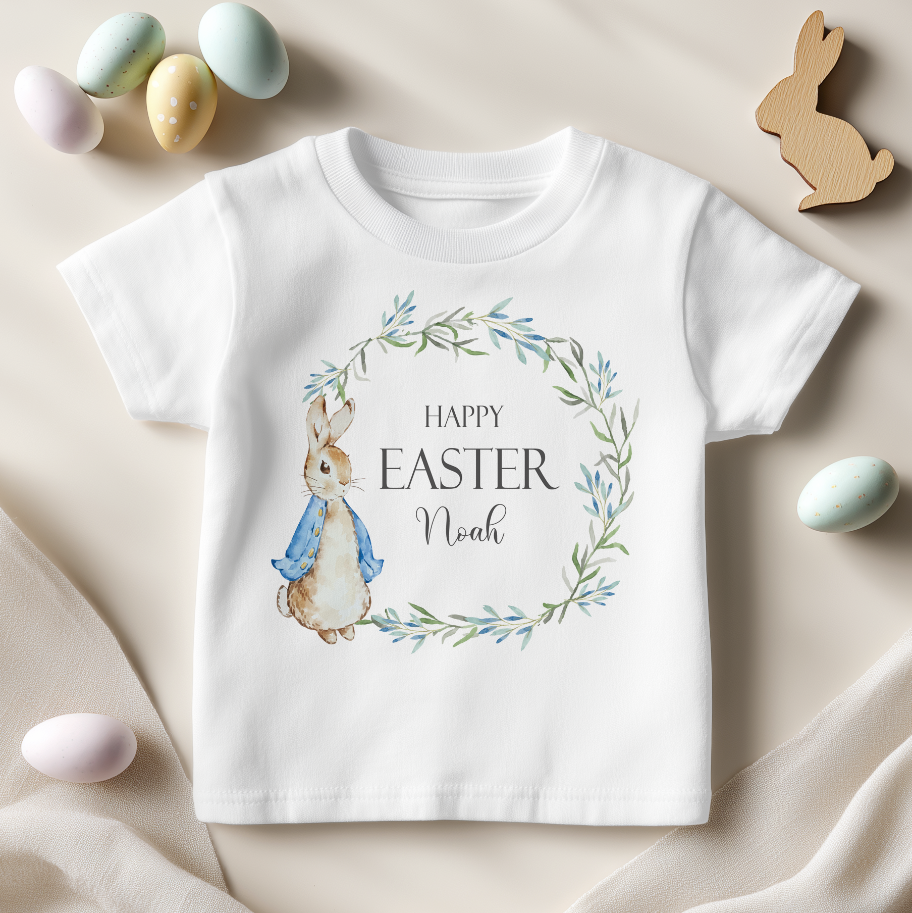 Personalised Easter Peter Rabbit Leaf Wreath T-Shirt for Boys & Kids