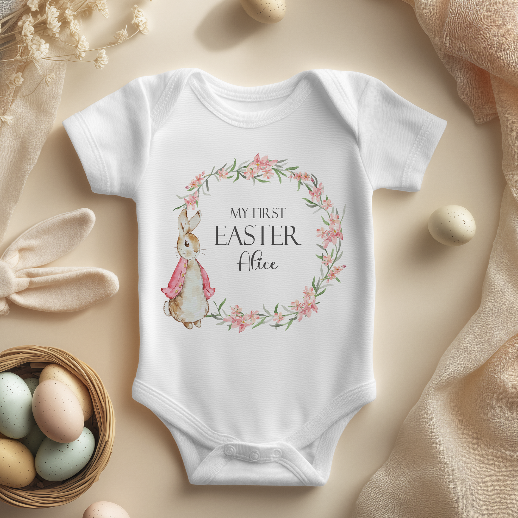 Personalised My First Easter Peter Rabbit Pink Wreath Baby Bodysuit for Girls
