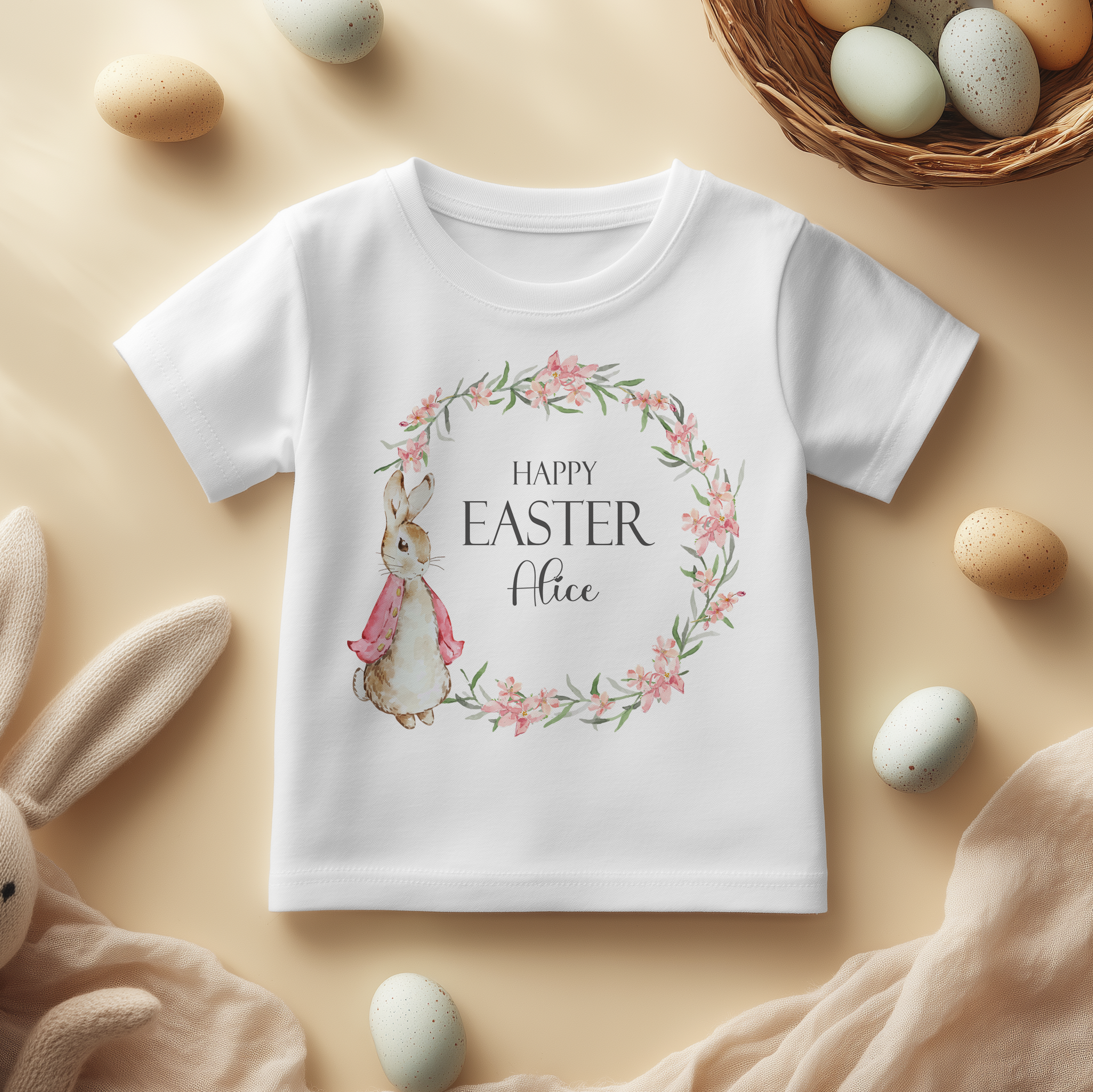 Personalised Happy Easter Pink Jacket Bunny Wreath T-Shirt for Girls & Kids