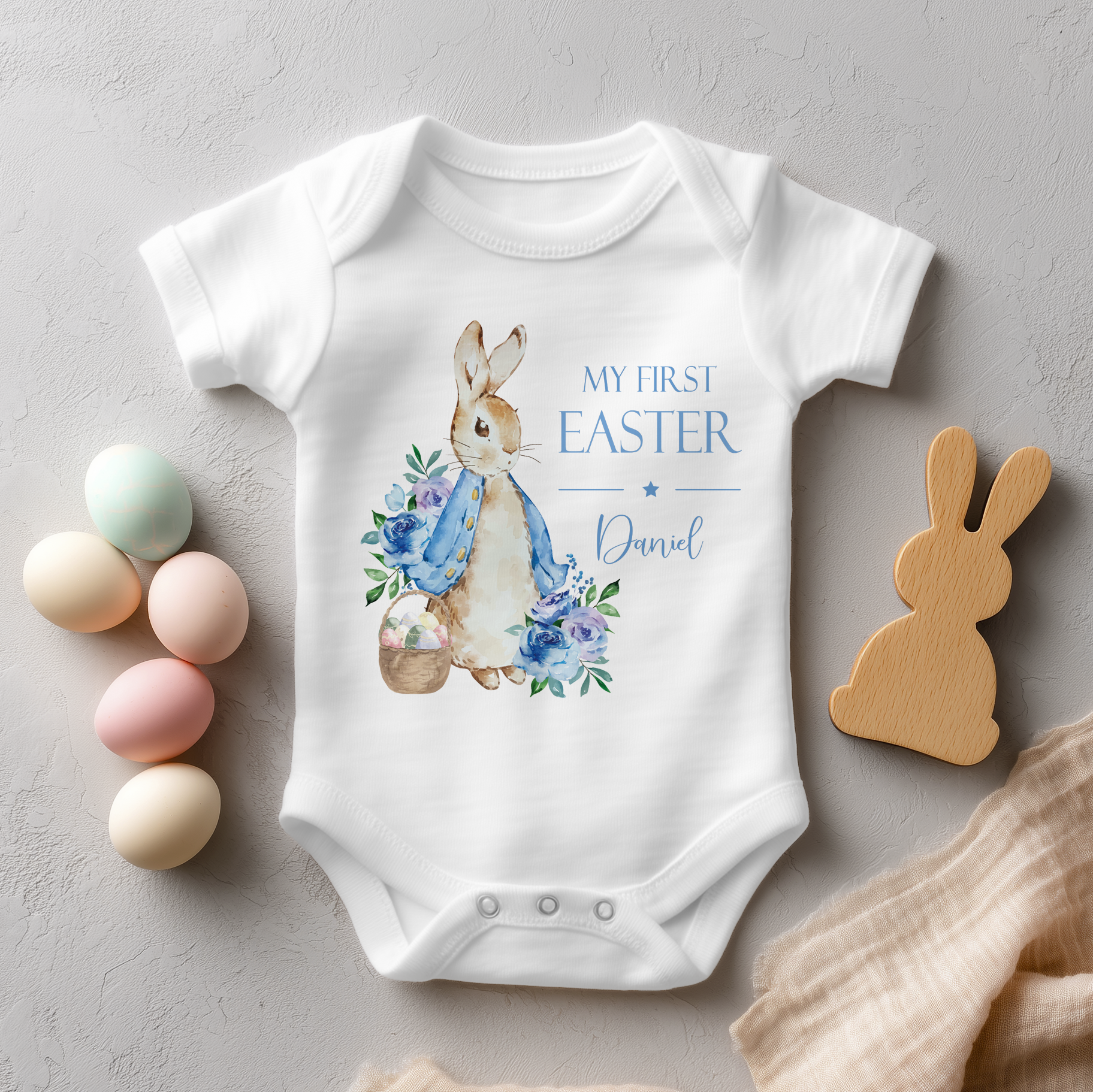Personalised My First Easter Peter Rabbit Blue Baby Bodysuit for Boys