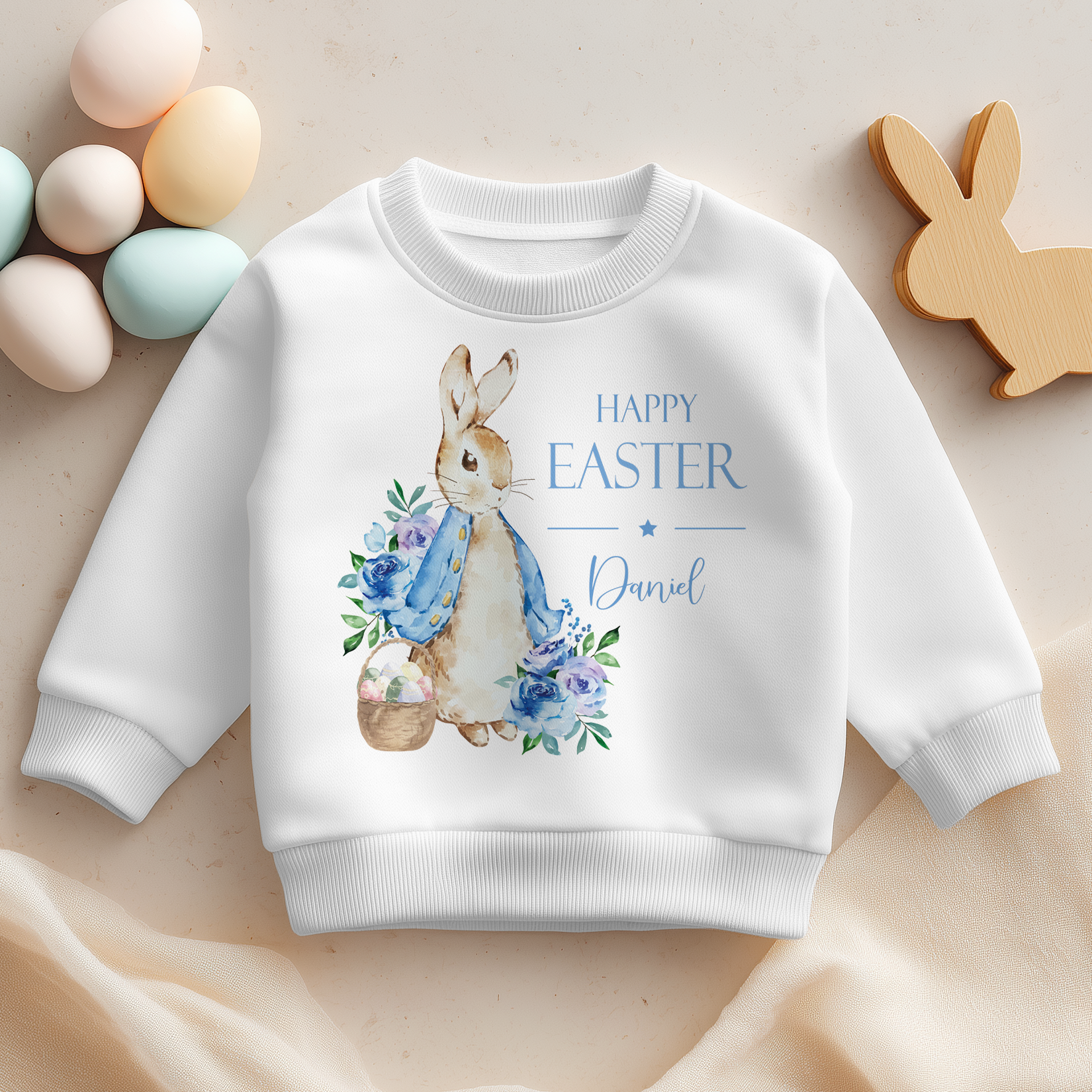 Personalised Happy Easter Peter Rabbit & Blue Flowers Sweatshirt for Kids