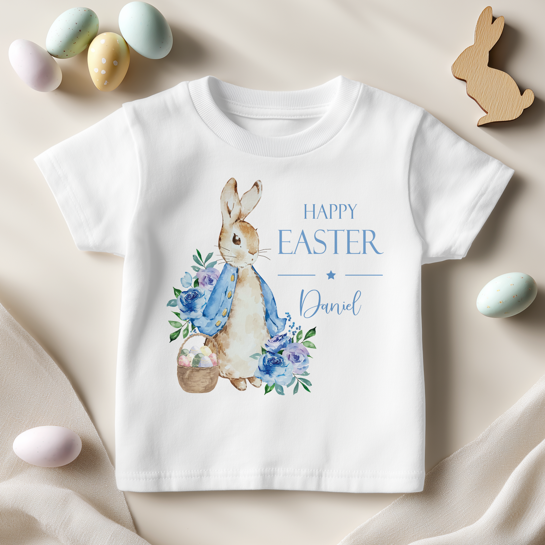 Personalised Happy Easter Peter Rabbit & Blue Flowers T-Shirt for Kids