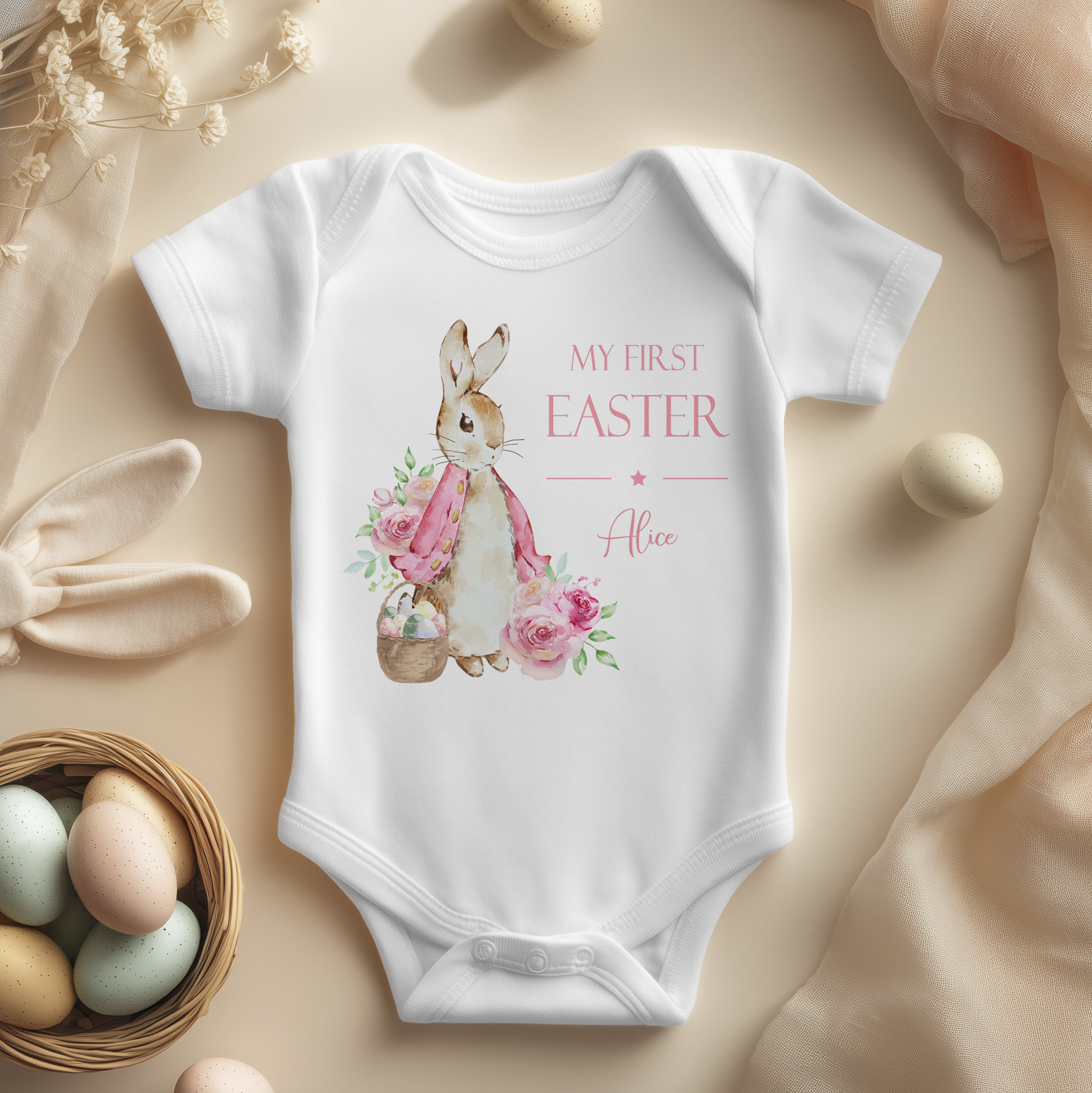 Personalised Baby Easter Rabbit with Pink Roses Baby Bodysuit for Girls