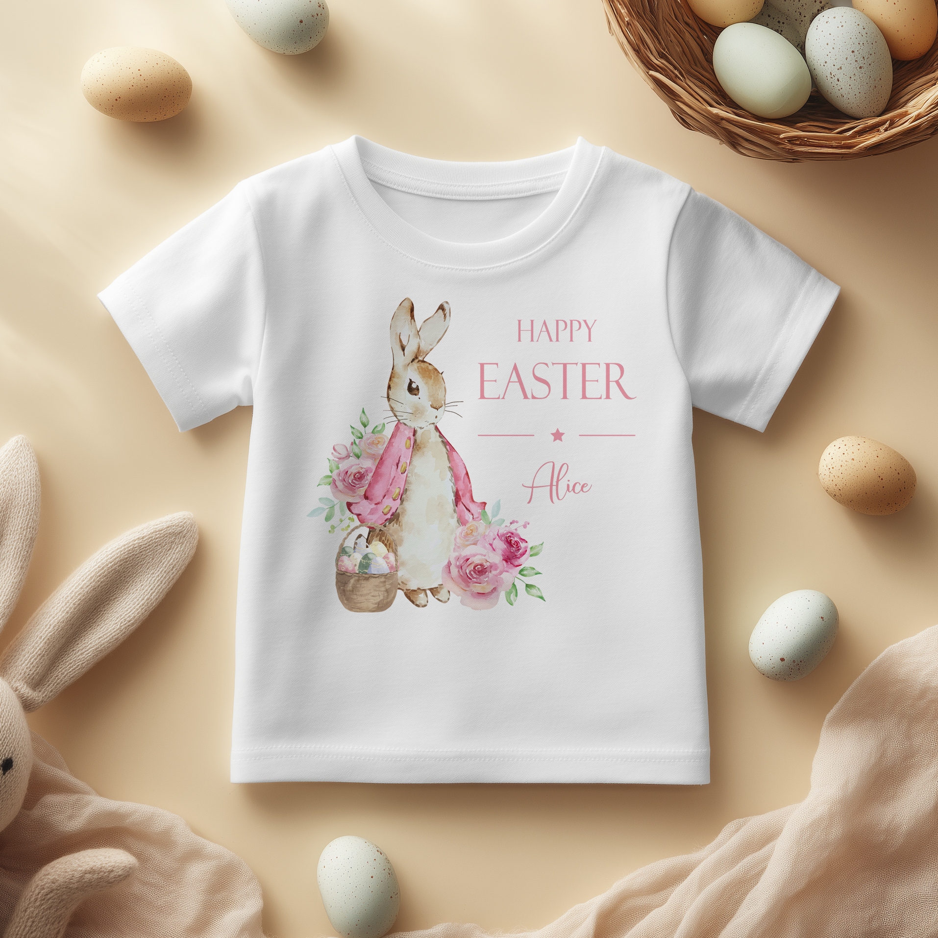 Personalised Easter Rabbit Pink Roses & Egg Basket T-Shirt for Girls & Kids