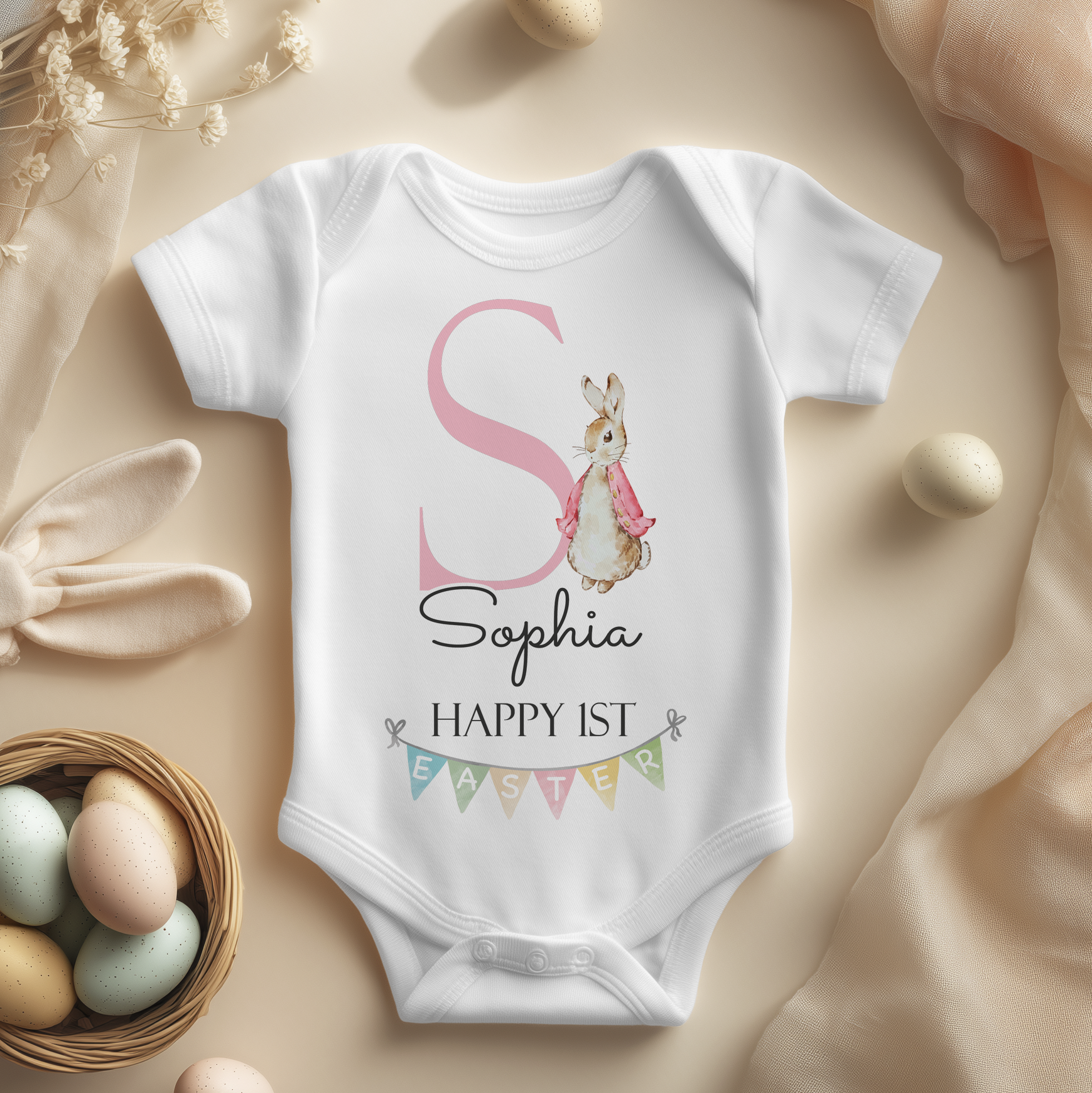 Personalised Baby 1st Easter Pink Peter Rabbit Initial Baby Bodysuit for Girls