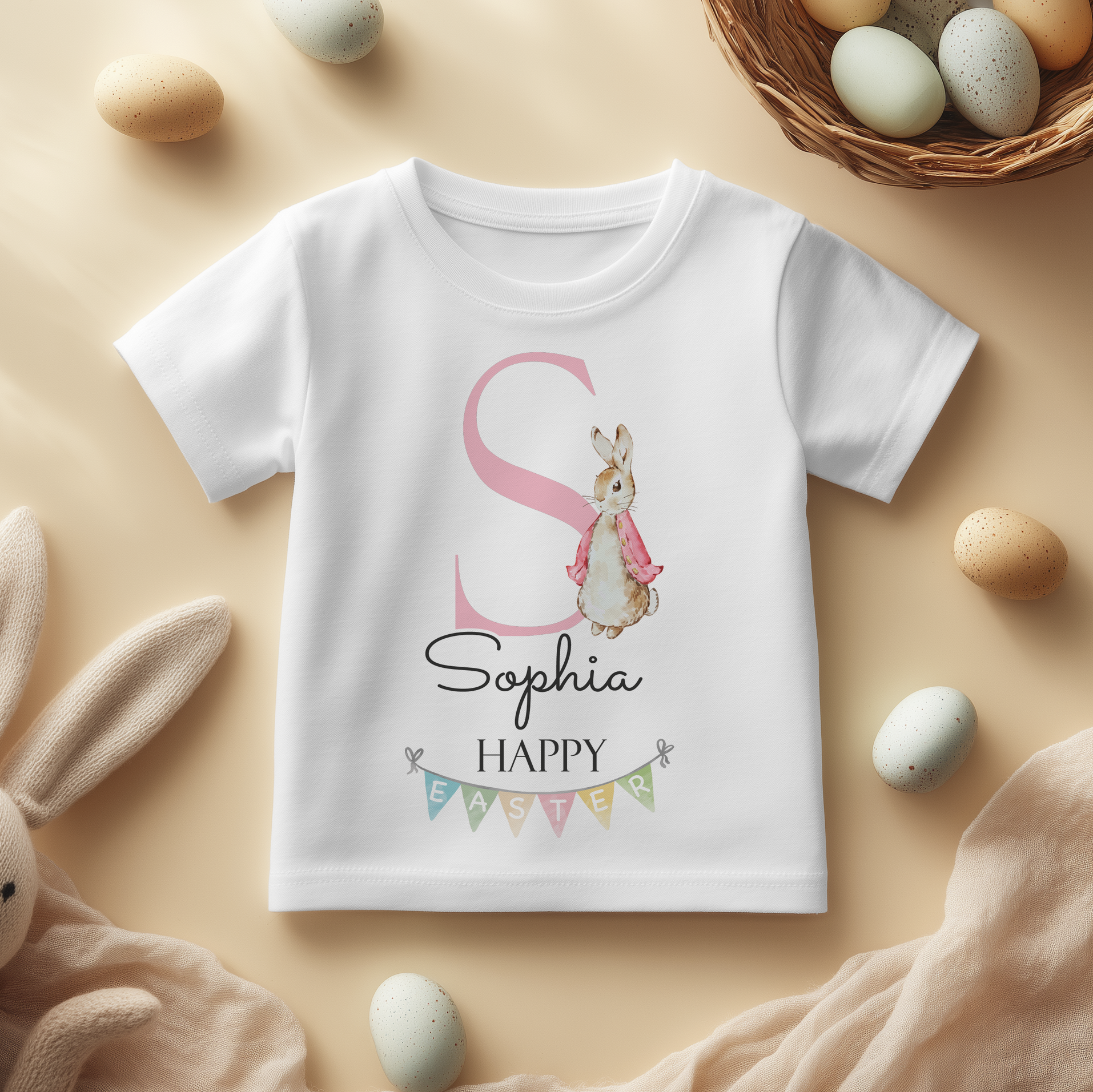 Personalised Easter Pink Initial Rabbit & Bunting T-Shirt for Girls & Kids
