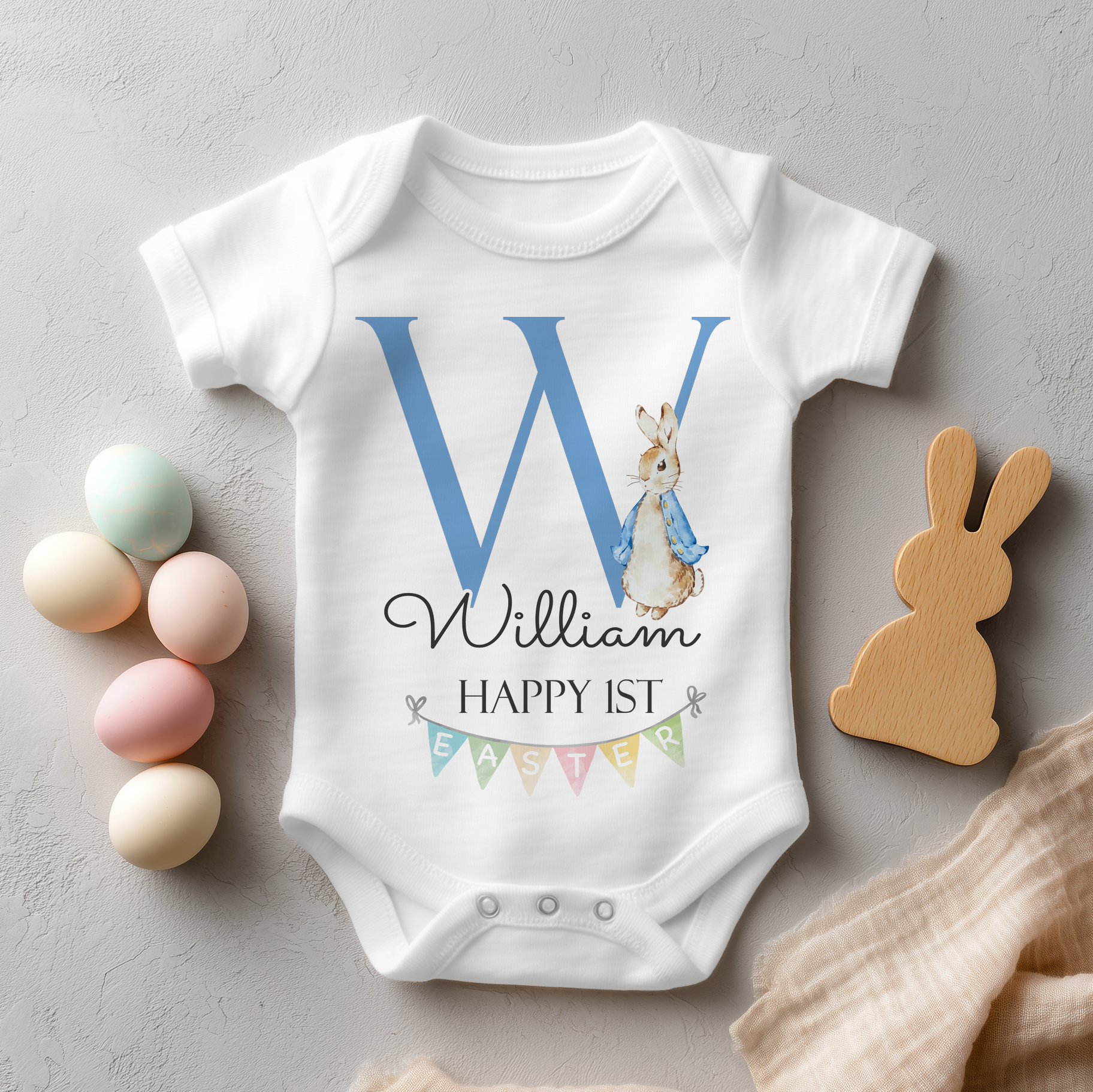 Personalised Name Baby Bodysuit 1st Easter Peter Rabbit Blue Jacket Bunny Ears Banner for Newborn Easter Gift