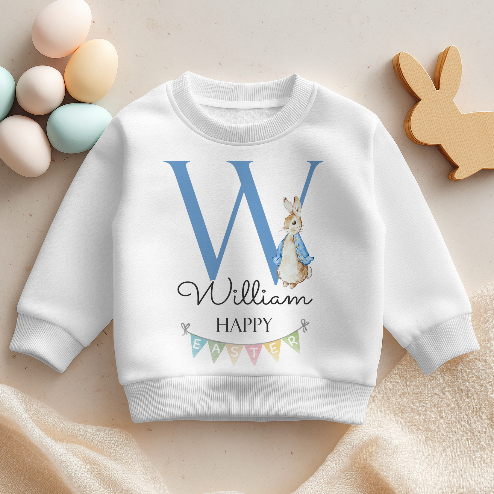 Personalised Easter Peter Rabbit Blue Initial Sweatshirt for Boys & Kids
