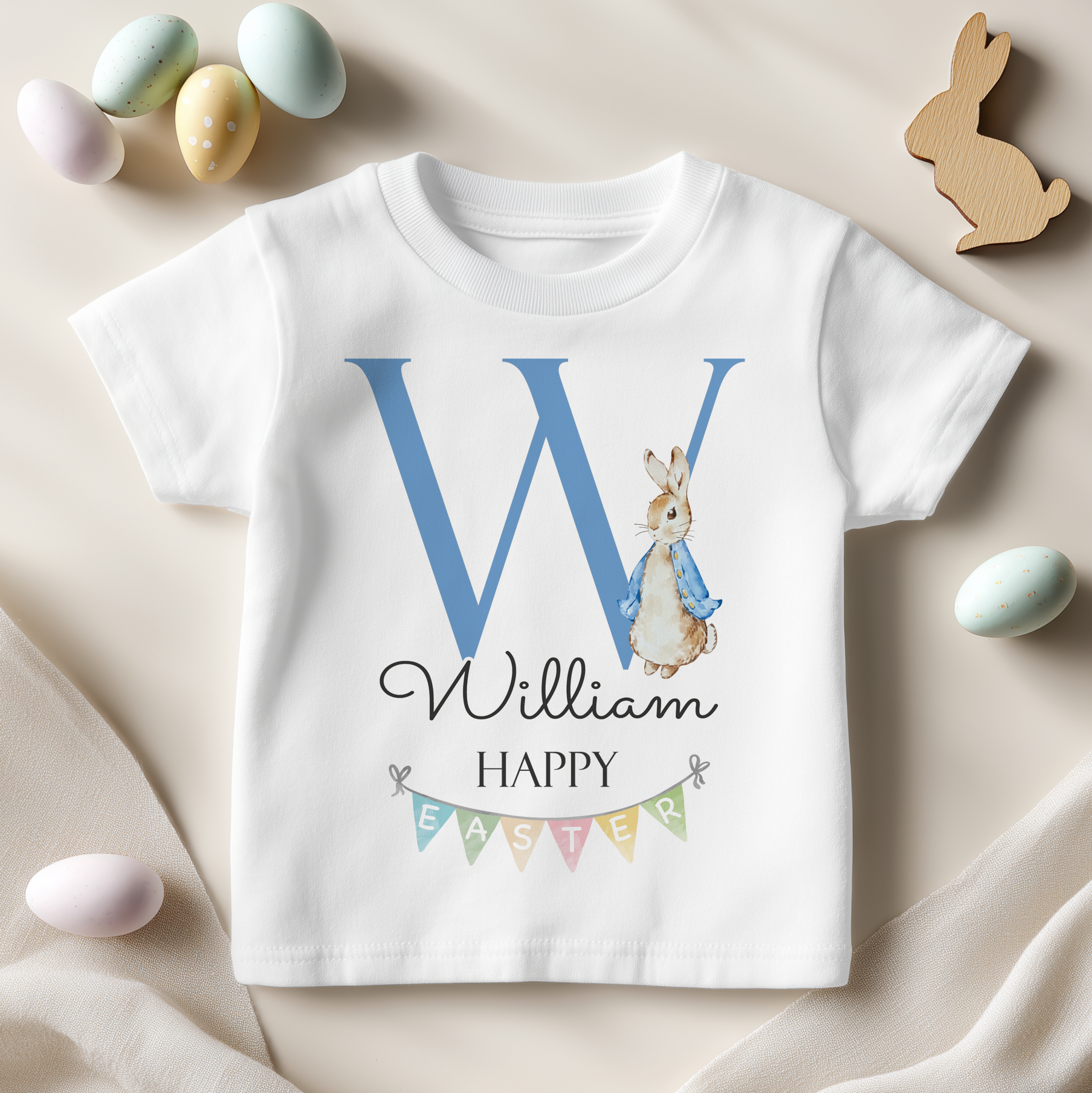 Personalised Easter Peter Rabbit, Blue Initial & Bunting T-Shirt for Kids