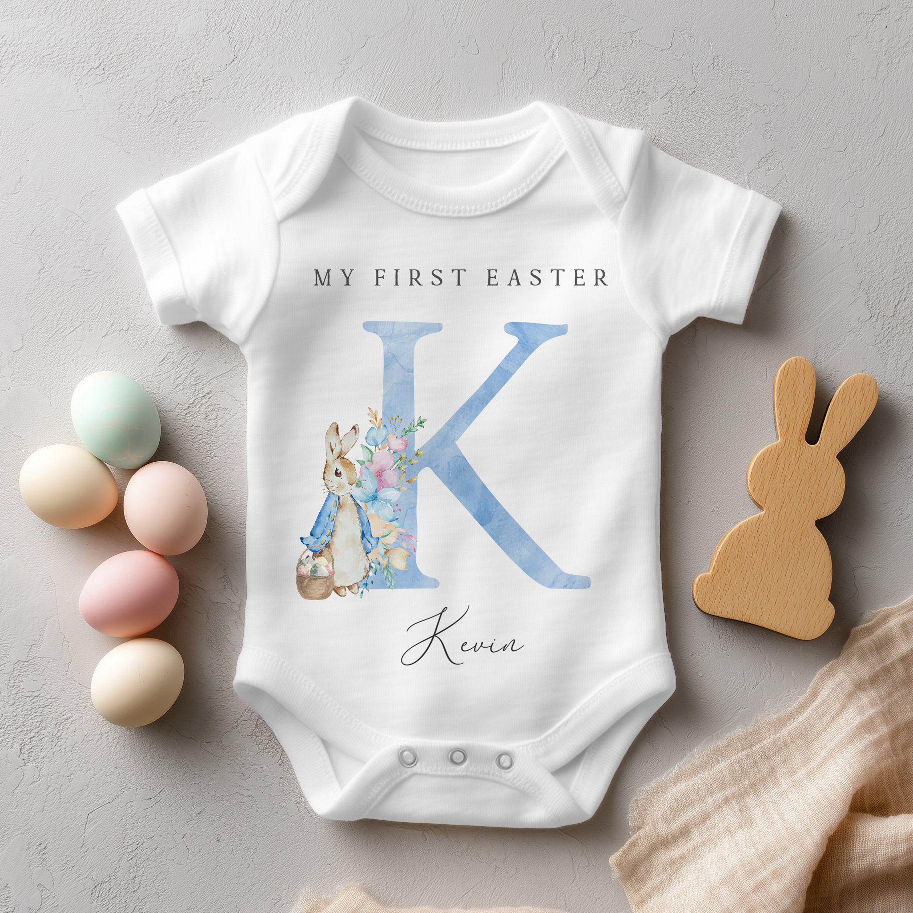 Personalised My First Easter Blue Initial Peter Rabbit Inspired Baby Bodysuit for Boys