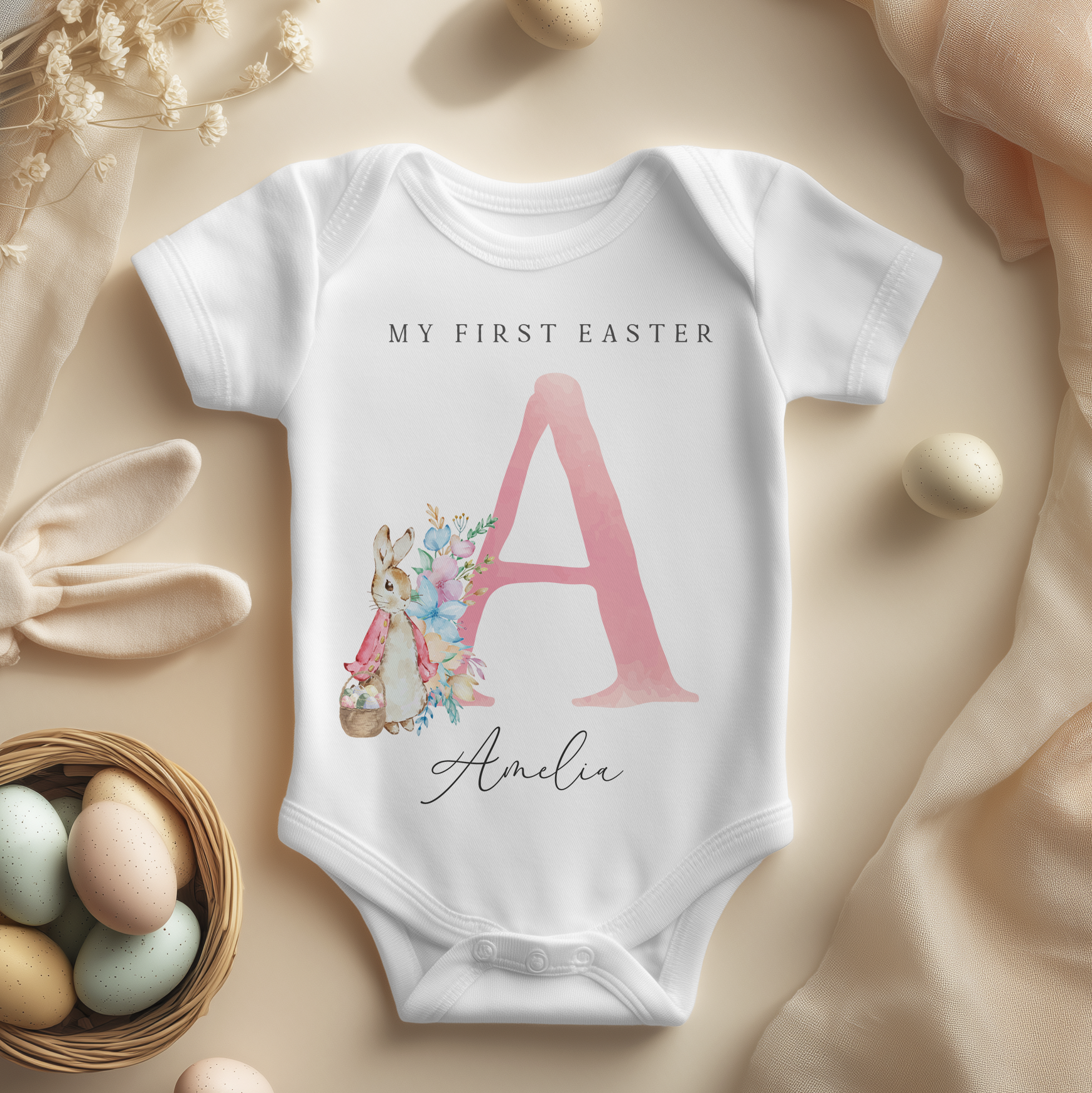 Personalised My First Easter Peter Rabbit Pink Initial Baby Bodysuit for Girls