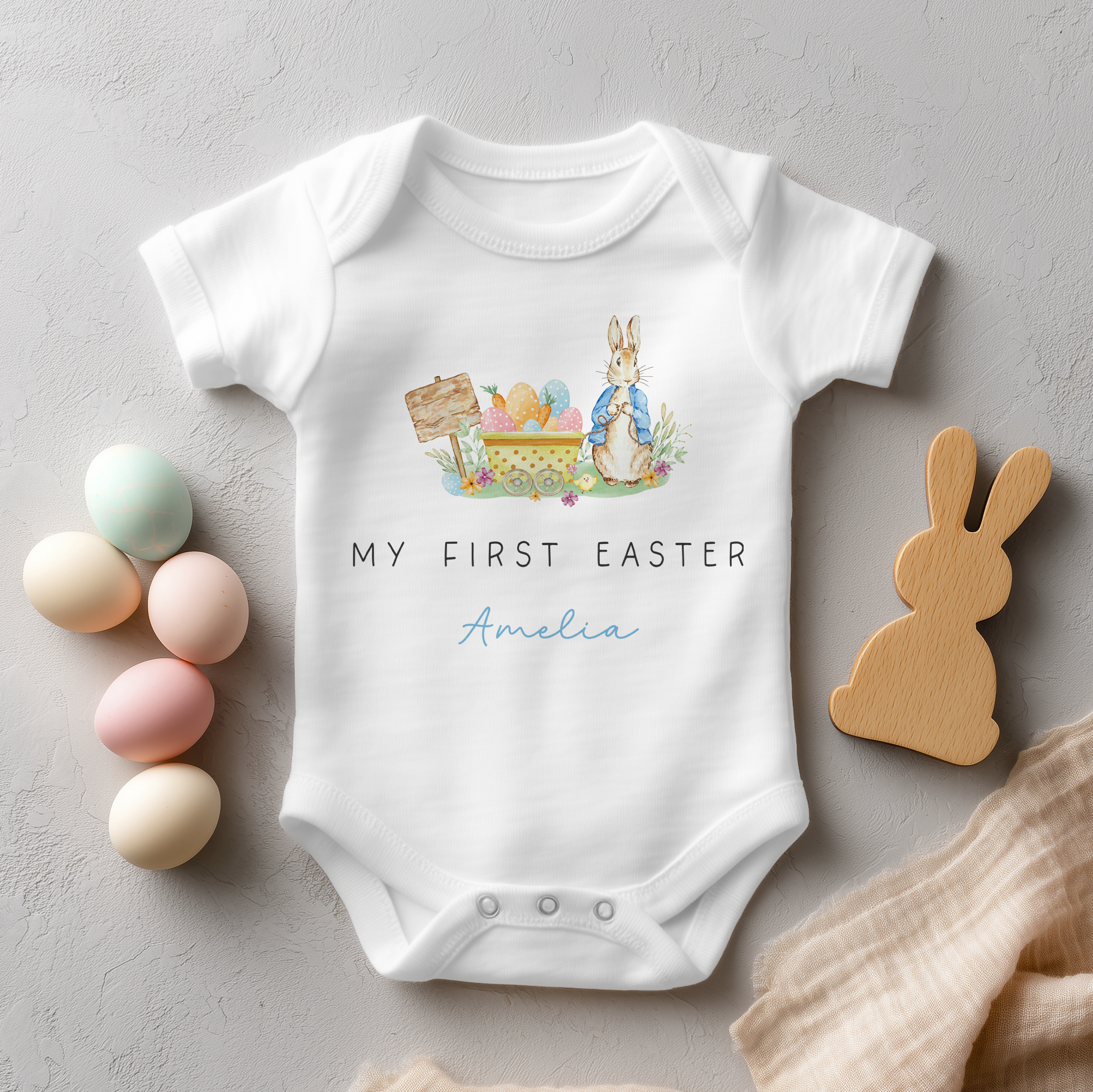 Personalised My First Easter Peter Rabbit Egg Cart Baby Bodysuit for Boys
