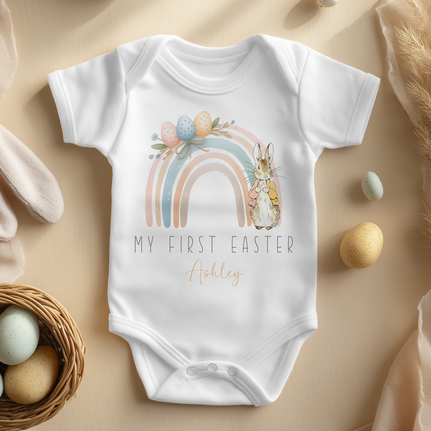 Personalised Baby Easter Pastel Rainbow Rabbit & Eggs Baby Bodysuit for Kids
