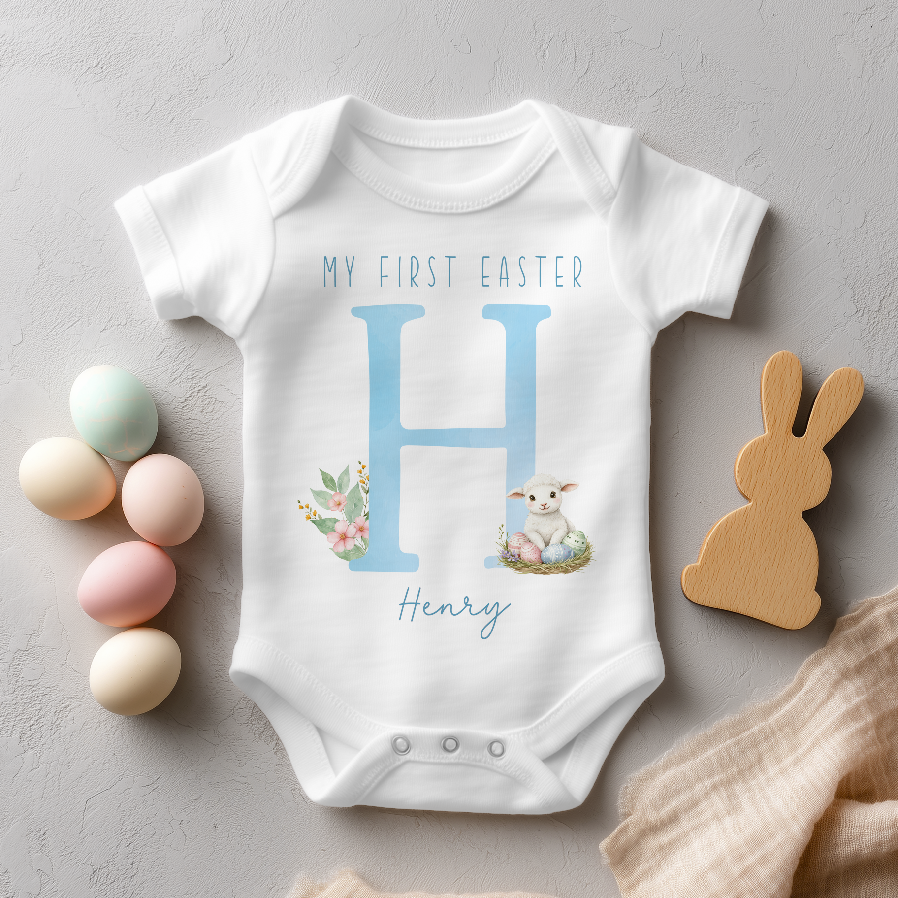 Personalised My First Easter Blue Initial Lamb Easter Eggs Baby Bodysuit for Boys