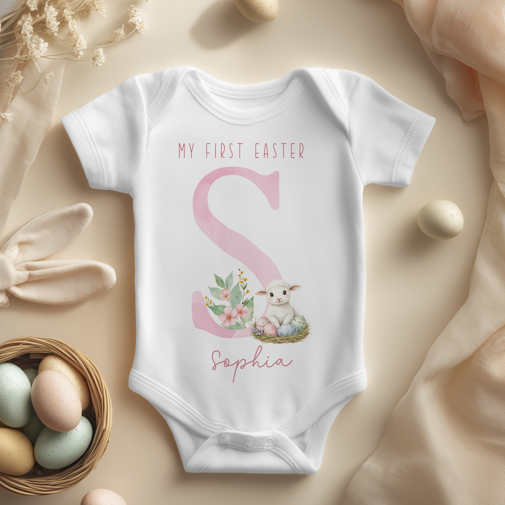 Personalised My First Easter Pink Initial Lamb Easter Eggs Baby Bodysuit for Girls