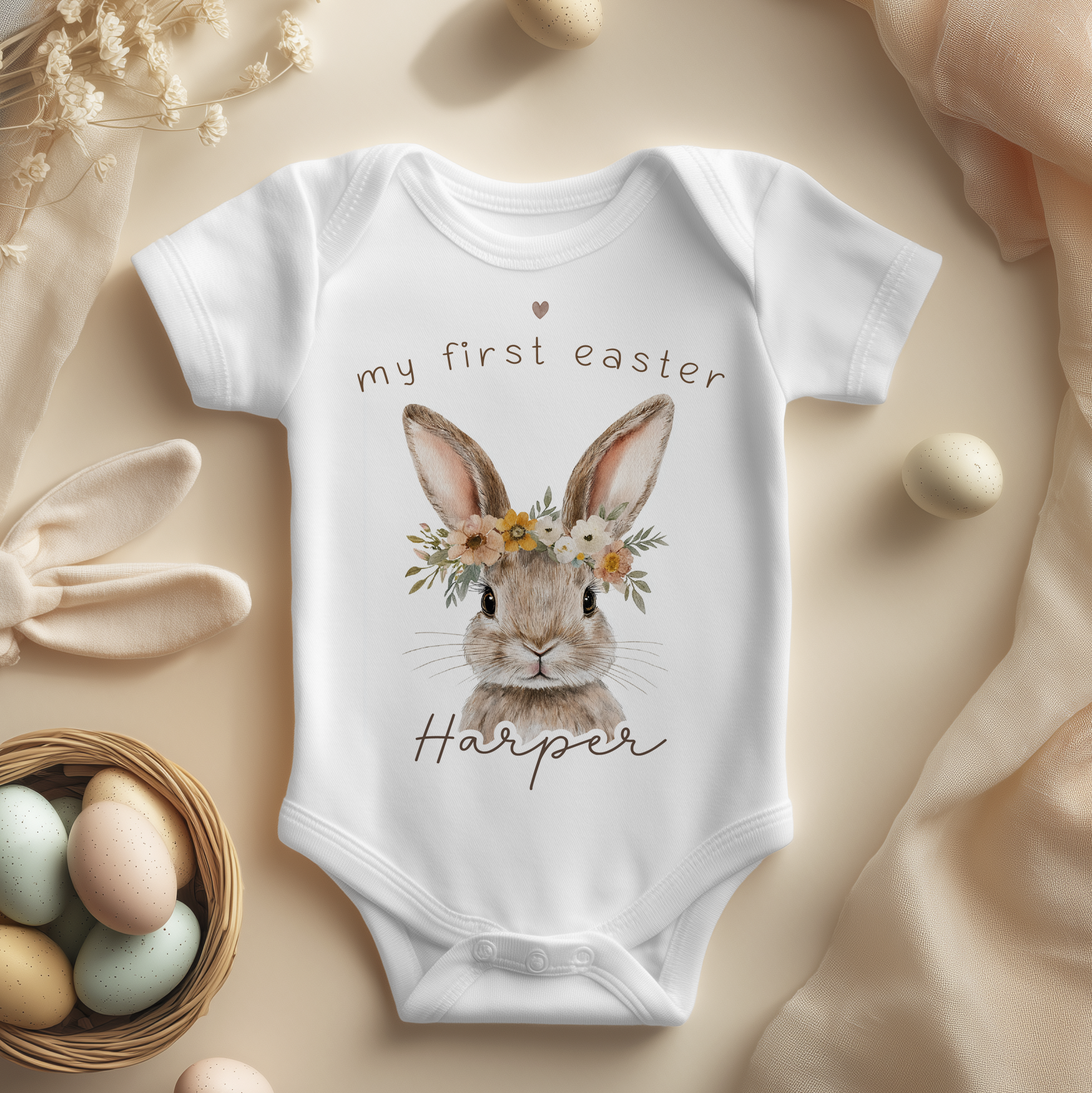 Personalised My First Easter Pink Flowers Bunny & Eggs Baby Bodysuit for Girls