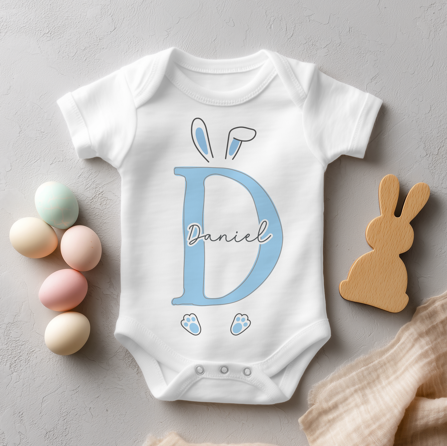 Personalised Easter Blue Initial Name Bunny Baby Bodysuit for Boys