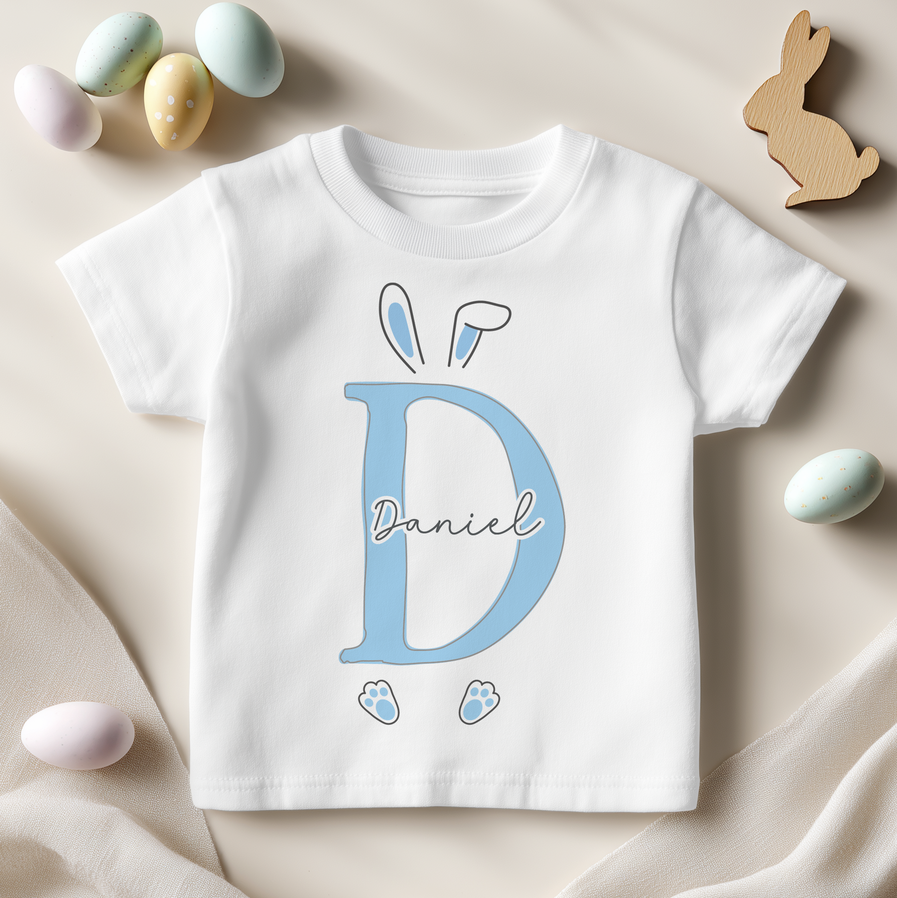 Personalised Easter Blue Initial Name Bunny T-Shirt for Boys & Kids