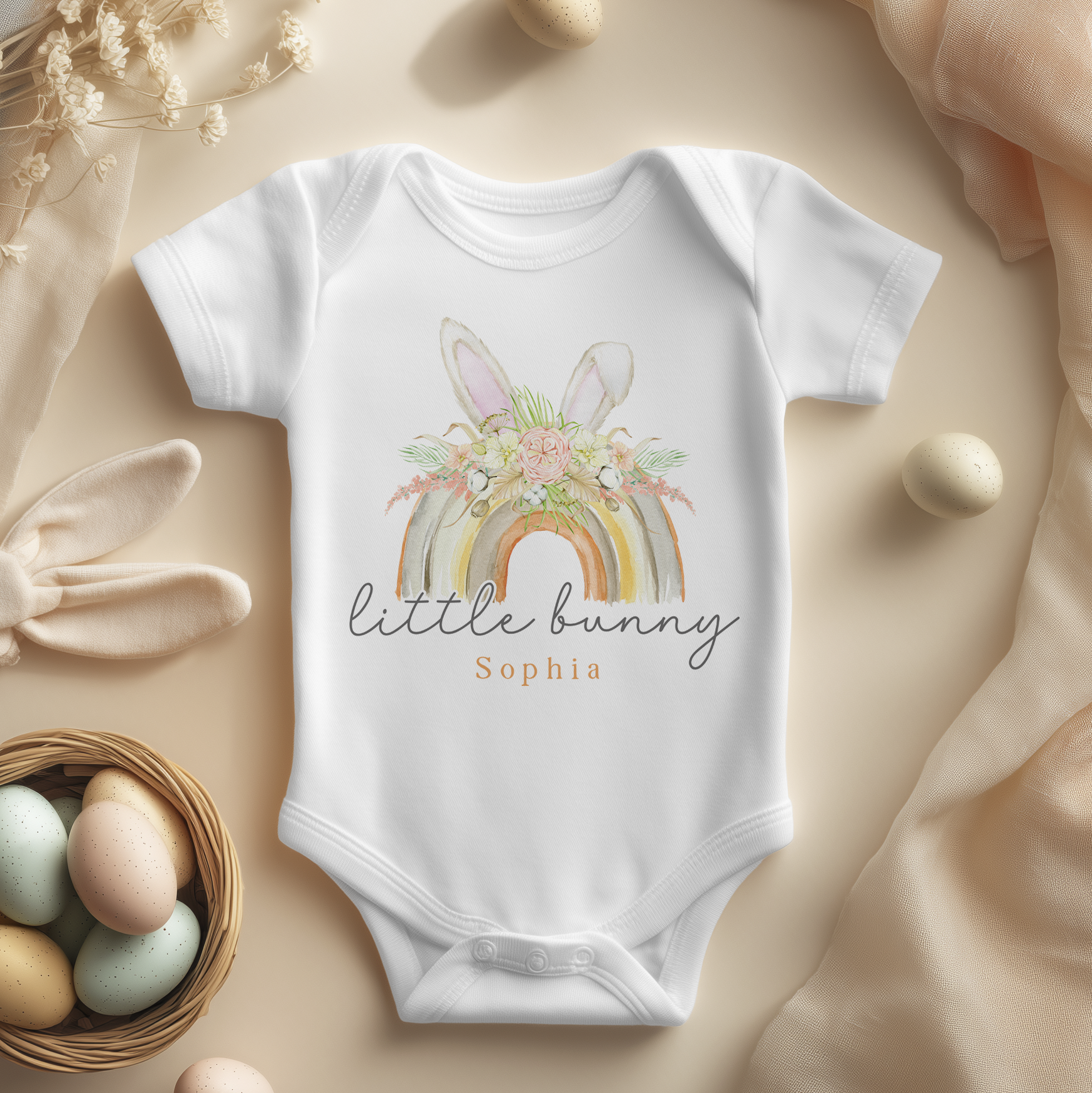 Personalised Easter Boho Rainbow Bunny Ears Baby Bodysuit