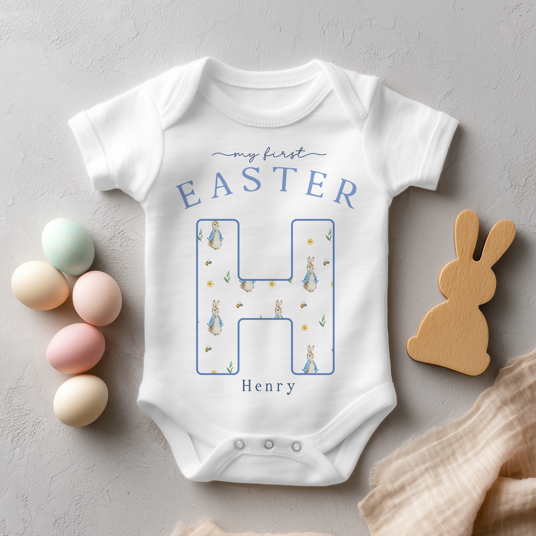 Personalised My First Easter Blue Initial Rabbit Pattern Baby Bodysuit for Kids