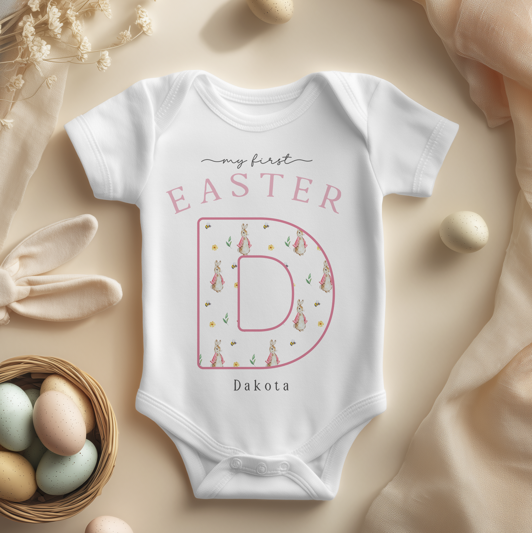 Personalised Baby Easter Pink Initial with Rabbit Print Baby Bodysuit for Girls