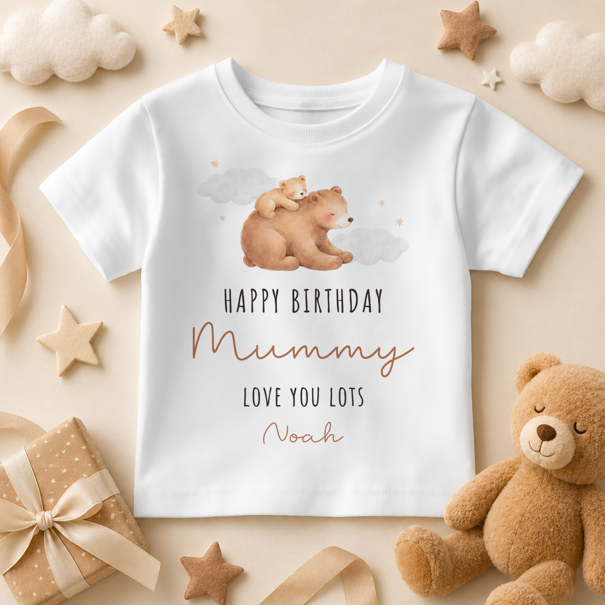 Personalised Happy Birthday Mummy Watercolour Bear T-Shirt for Toddlers and Kids