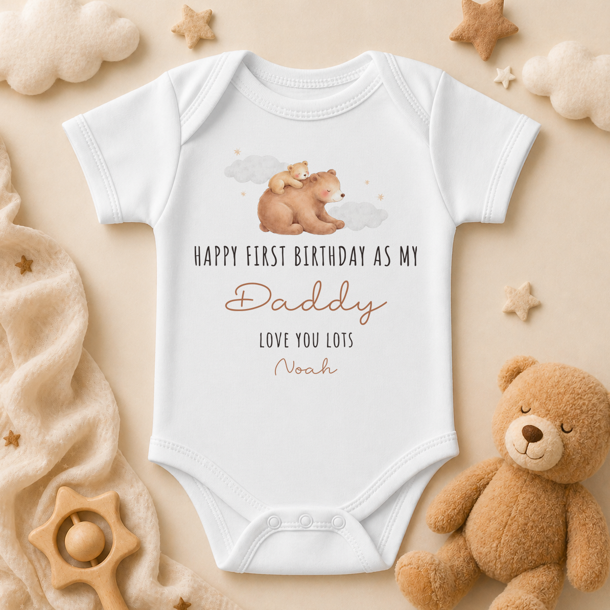 Personalised 1st Birthday As My Daddy Baby Vest Bodysuit, Watercolour Bear Cubs, New Dad Birthday Gift