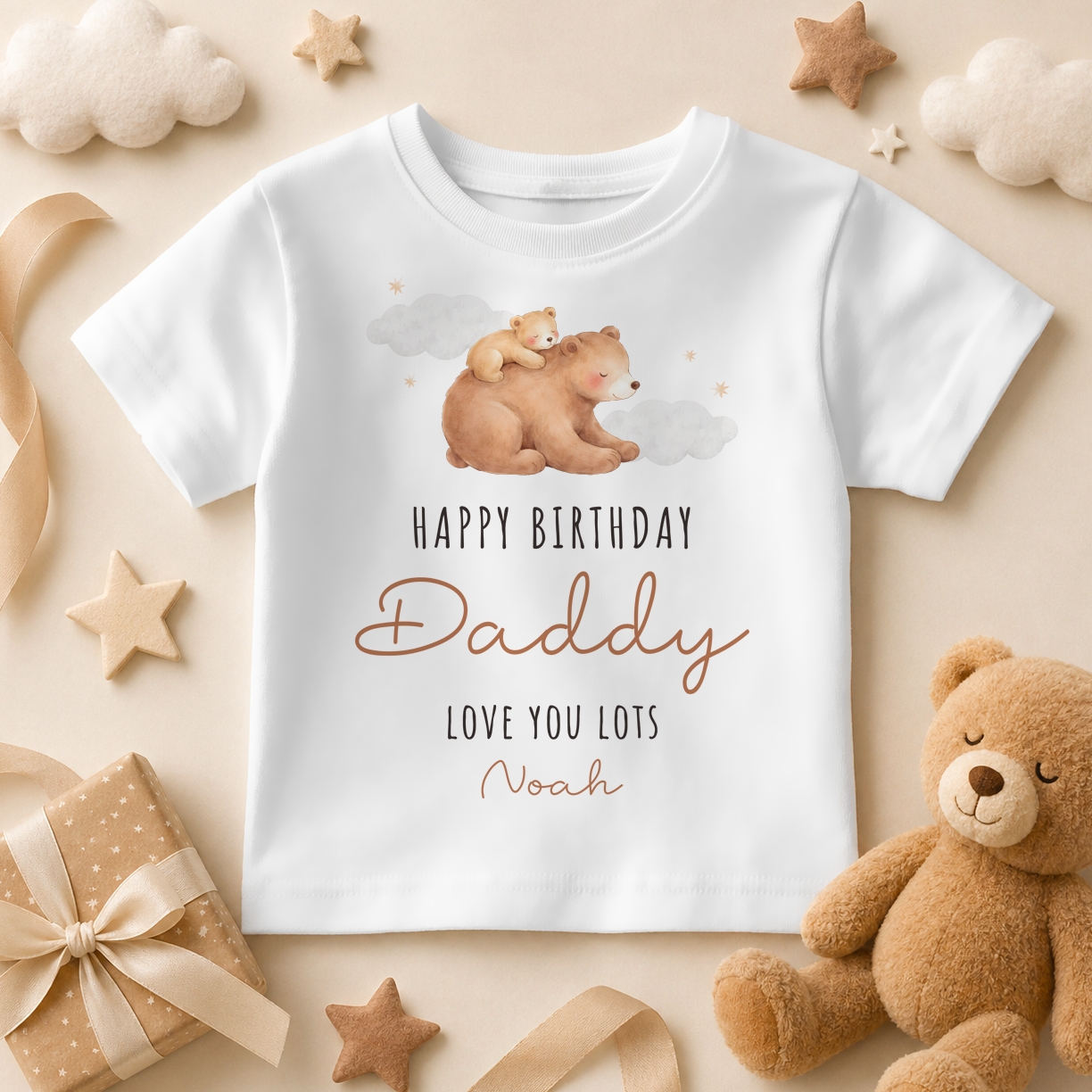 Personalised Happy Birthday Daddy Watercolour Bear T-Shirt for Toddlers and Kids