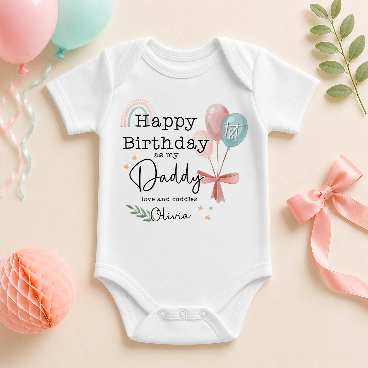 Personalised Name Baby Bodysuit Happy 1st Birthday Daddy Rainbow Balloons Leaves Script for Newborn Shower Gift