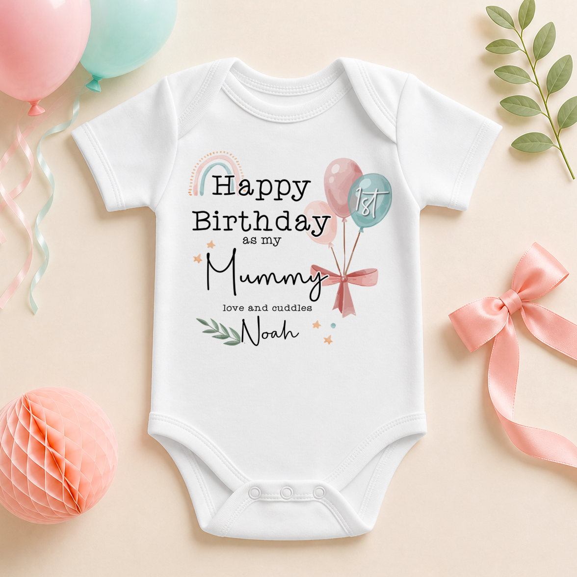 Personalised Name Baby Bodysuit Happy 1st Birthday Mummy Balloons Rainbow Leaf Script for Newborn Shower Gift