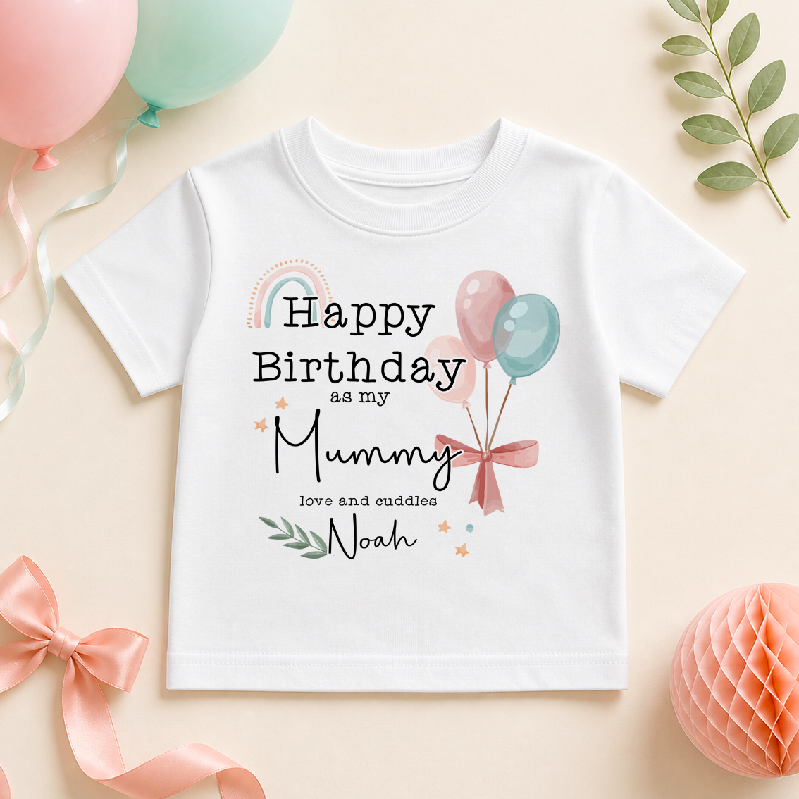 Personalised Mummy's Birthday Rainbow Balloon T-Shirt for Kids