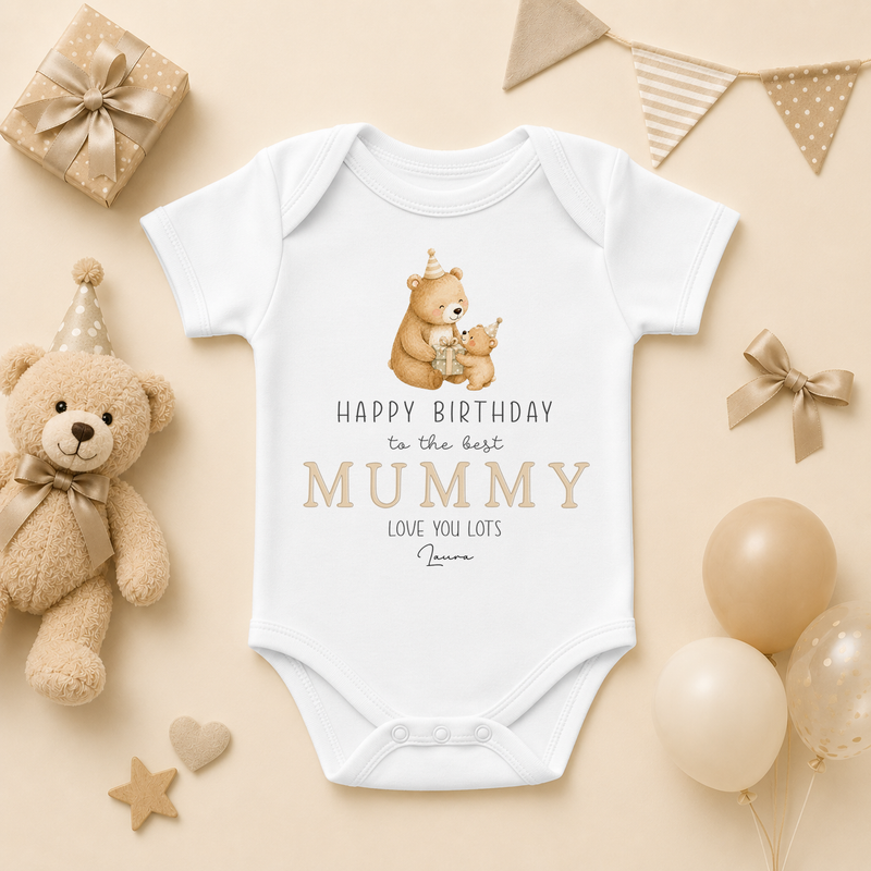 Personalised Best Mummy Birthday Two Bears Baby Vest Bodysuit with Name