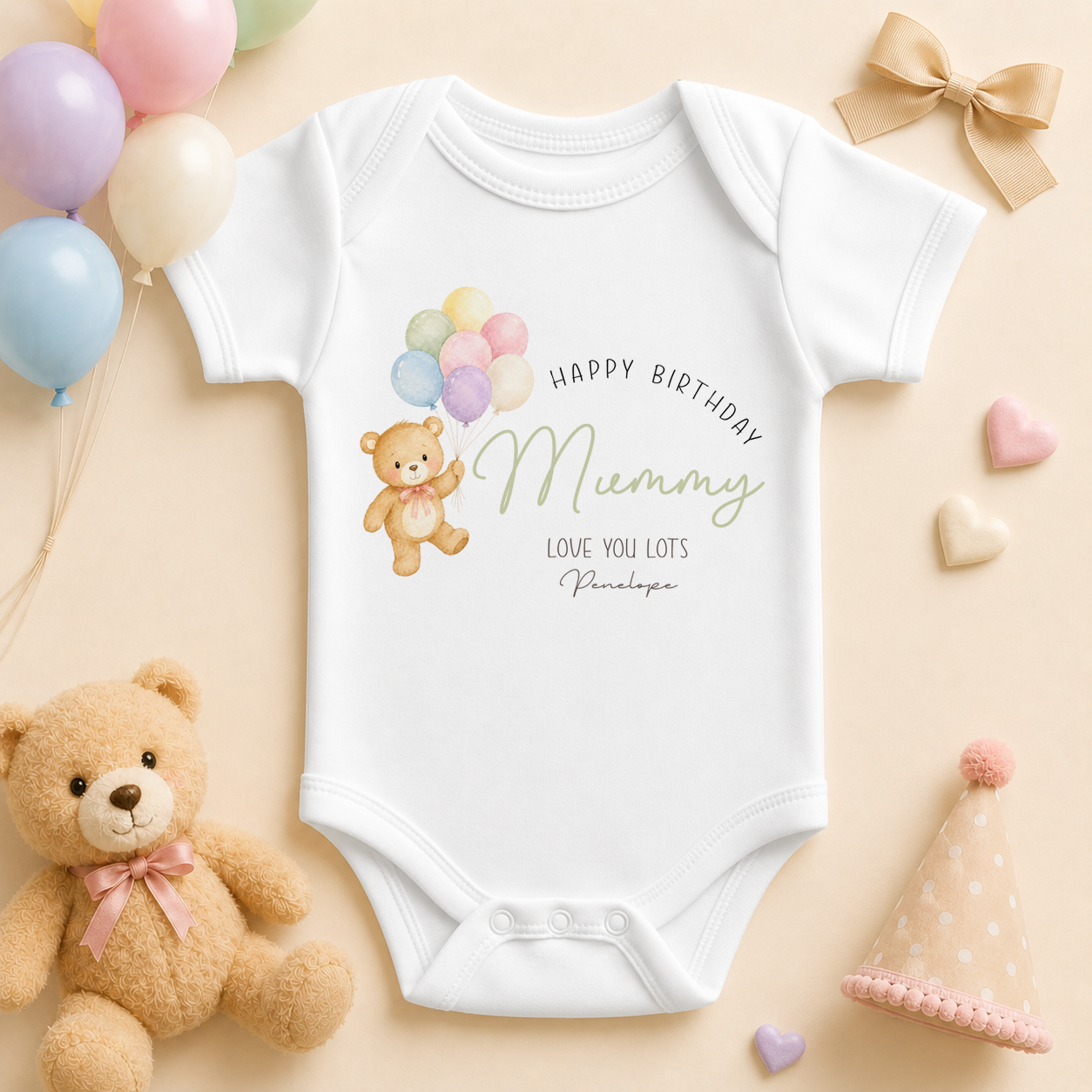 Personalised Happy Birthday Mummy Balloons Bear Baby Vest Bodysuit with Name