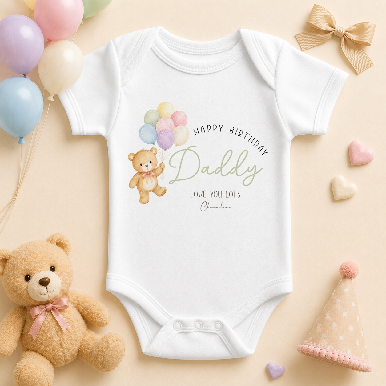 Personalised Happy Birthday Daddy Balloons Bear Baby Vest Bodysuit with Name