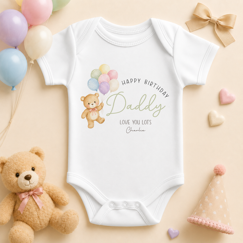 Personalised Happy Birthday Daddy Balloons Bear Baby Vest Bodysuit with Name