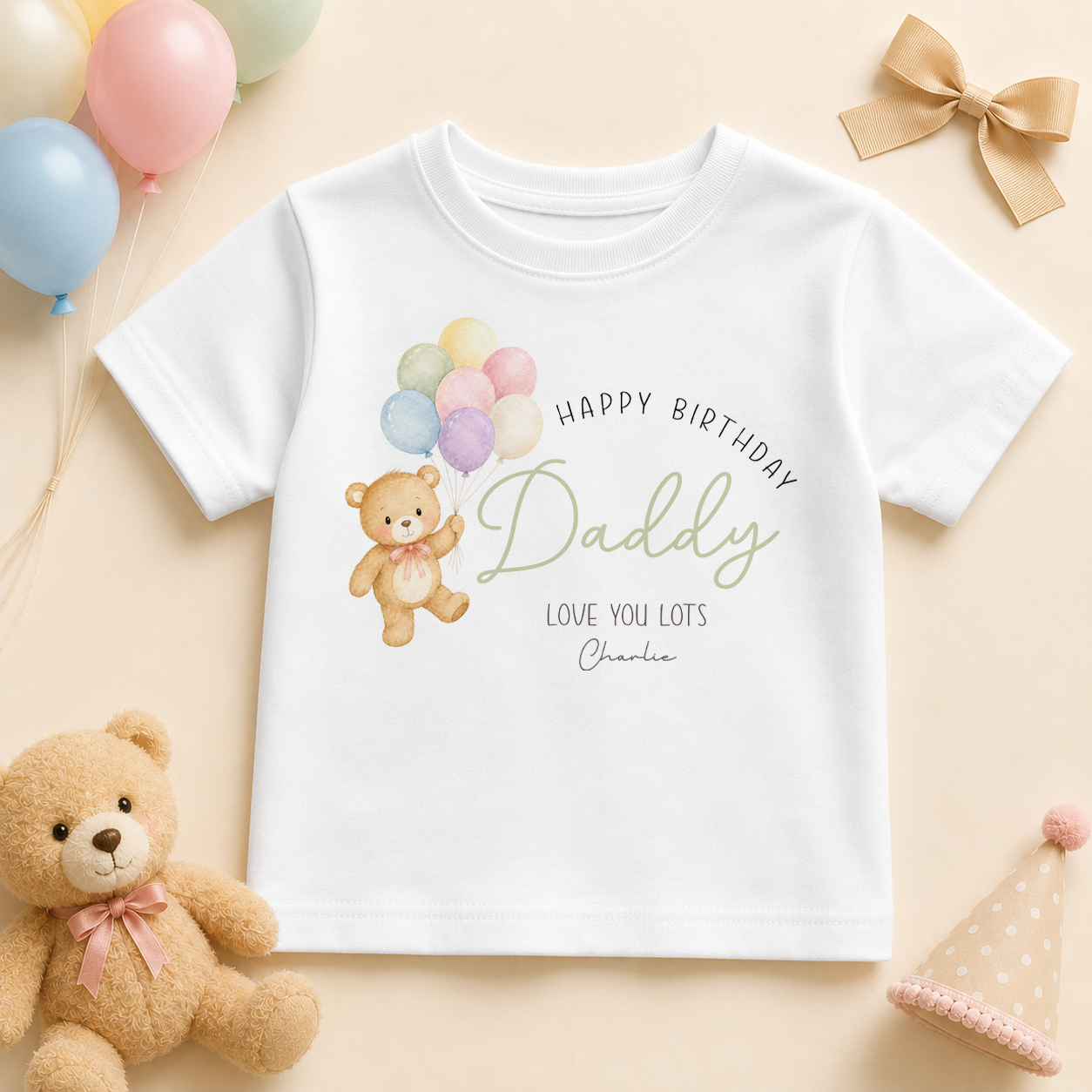 Personalised Happy Birthday Daddy Balloons Bear Kids T-Shirt with Name