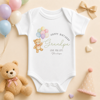 Personalised Happy Birthday Grandpa Balloons Bear Baby Vest Bodysuit with Name