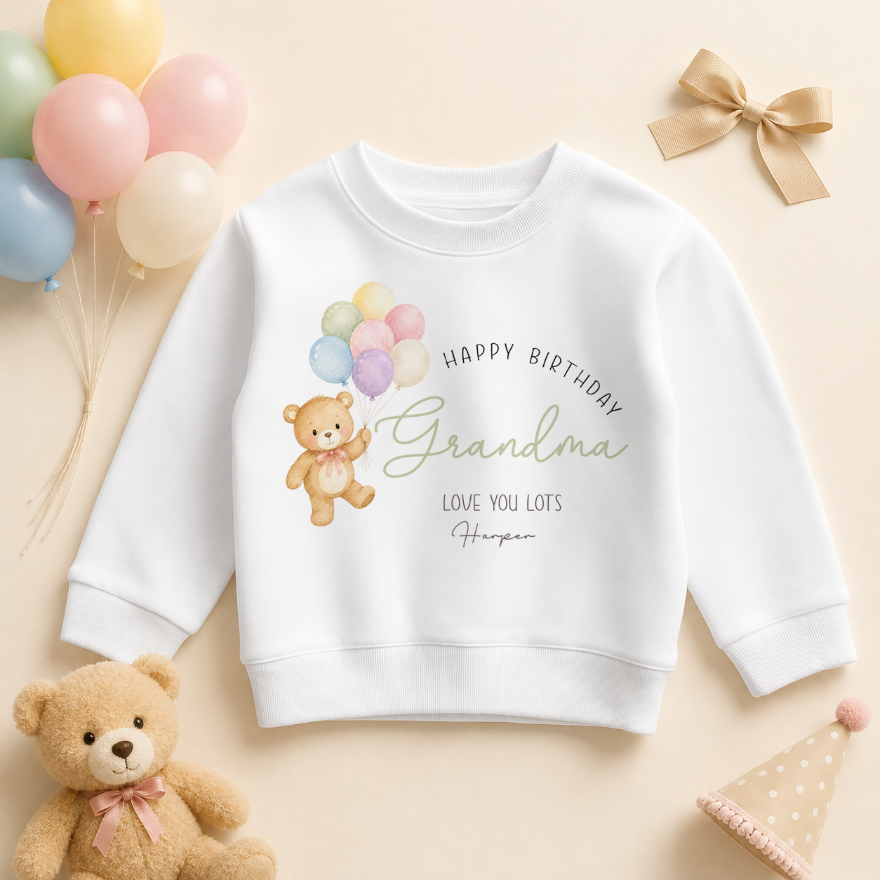 Personalised Happy Birthday Grandma Balloons Bear Kids Sweatshirt with Name