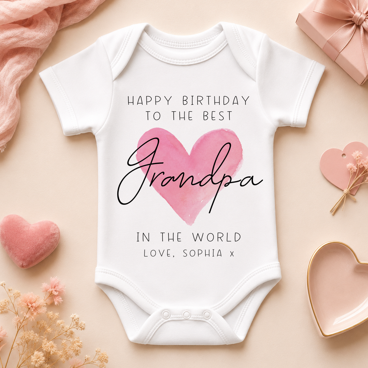 Happy Birthday to the Best Grandpa in the World pink heart baby vest bodysuit